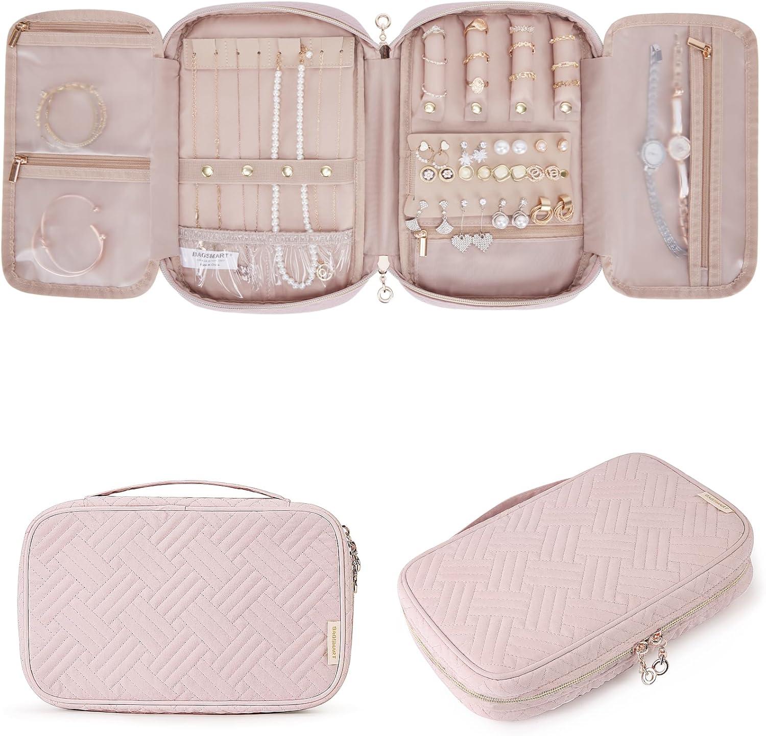 Soft Pink Rectangular Travel Jewelry Organizer with Buckle and Zipper Closure