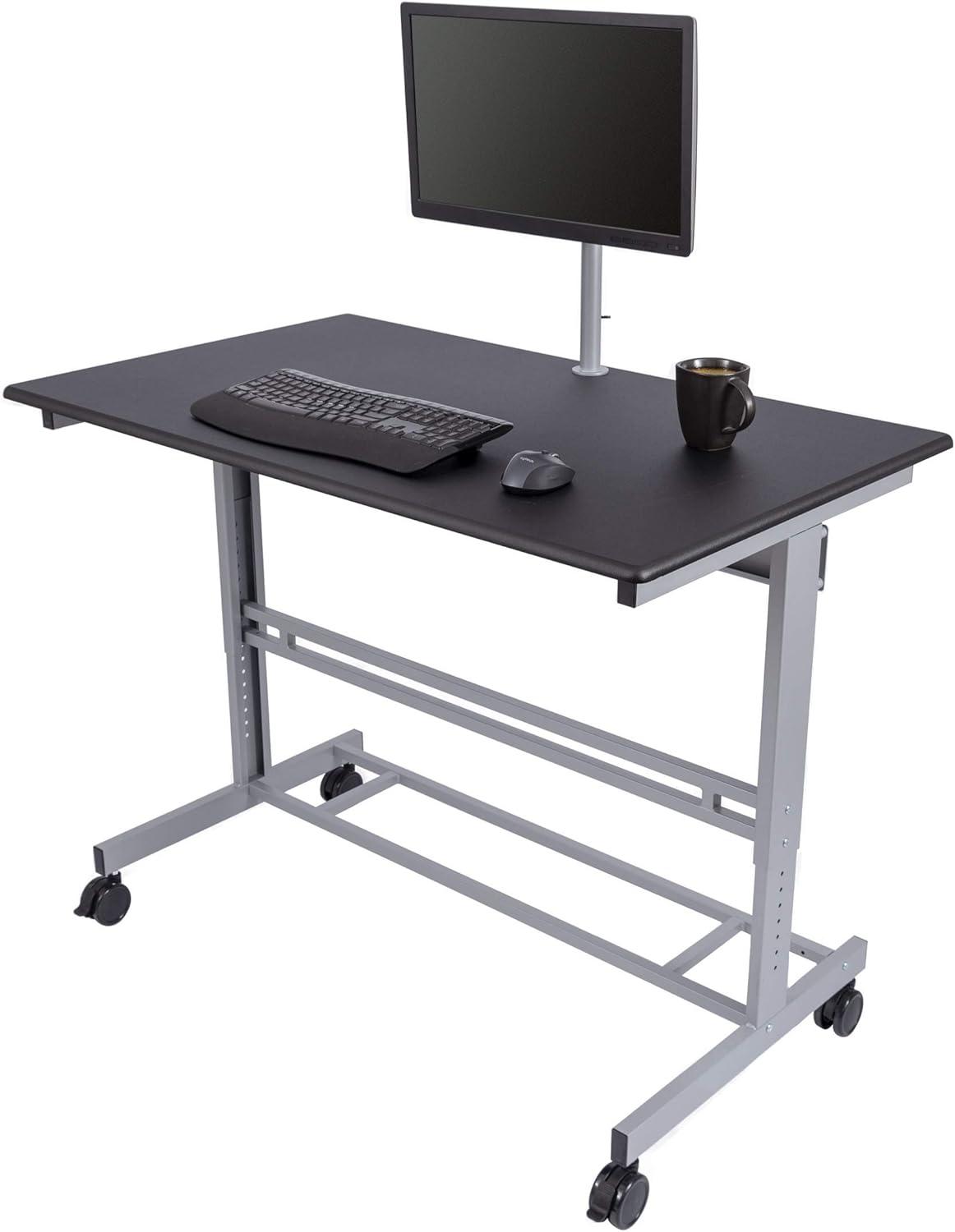 Stand Up Desk Store Rolling Adjustable Height Mobile Standing Desk with Monitor Mount (Silver Frame/Matte Black Top, 48" Wide)