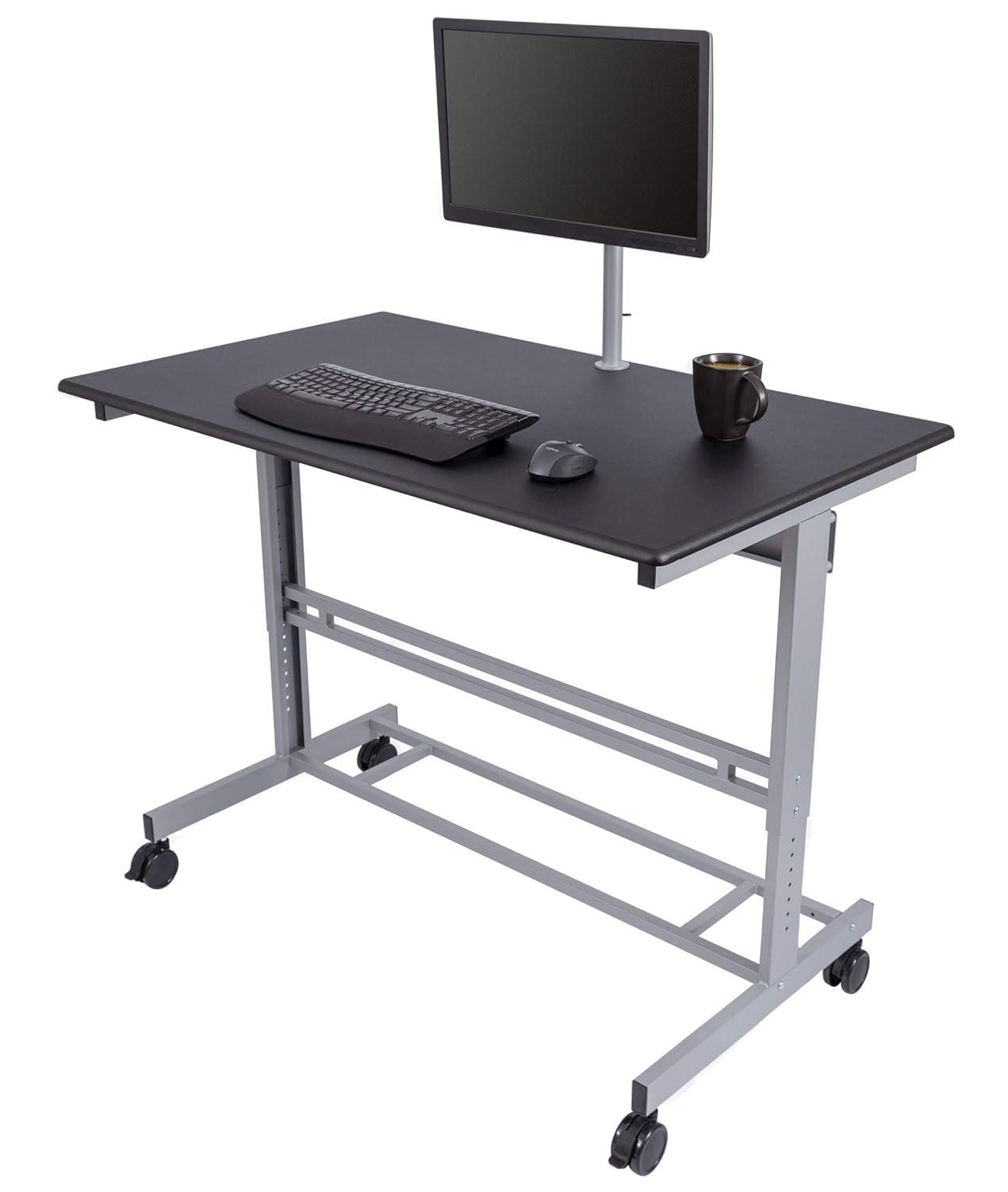 Stand Up Desk Store Rolling Adjustable Height Mobile Standing Desk with Monitor Mount (Silver Frame/Matte Black Top, 48" Wide)