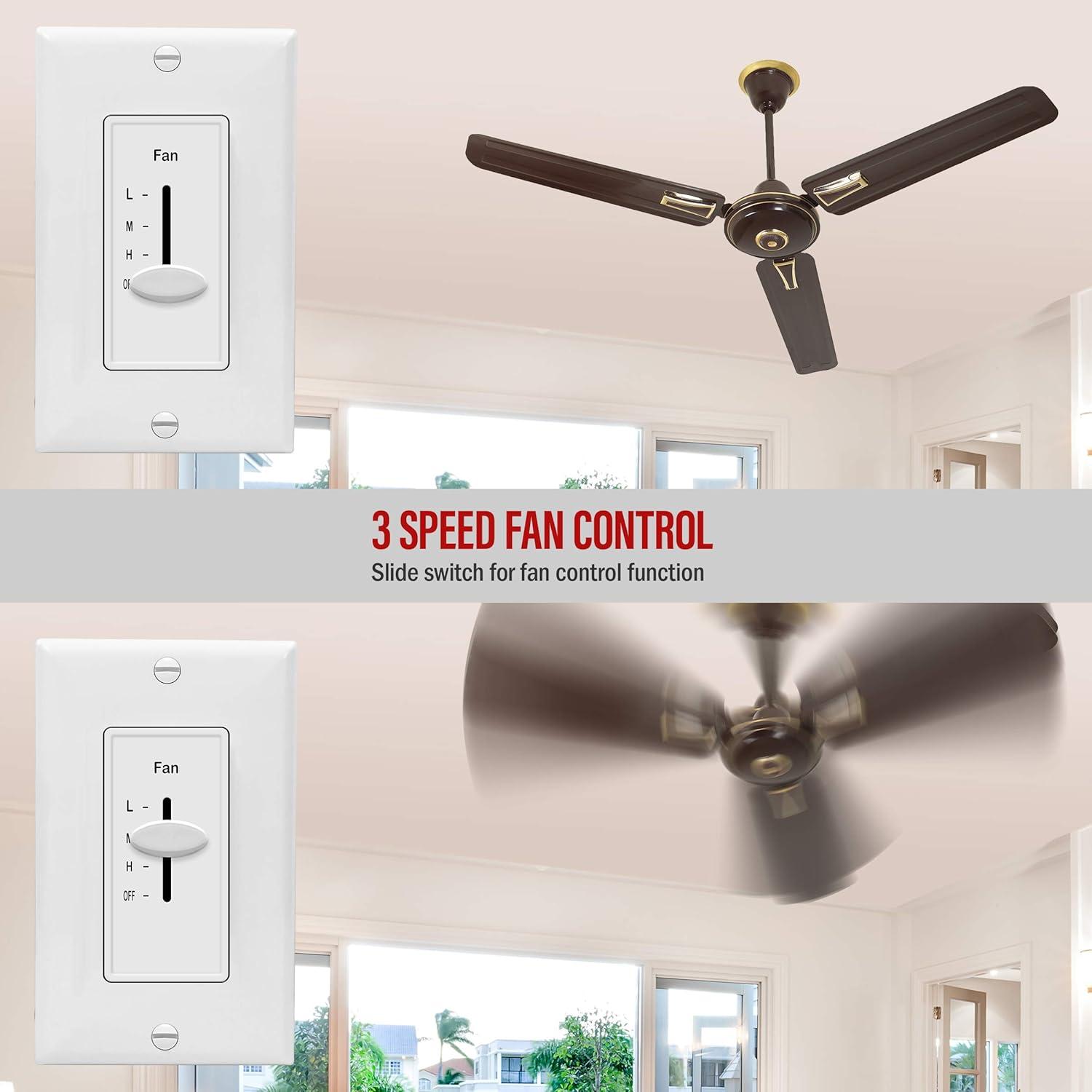 ENERLITES 3 Speed in Wall Ceiling Fan Control, Slide Switch, 120VAC, 2.5A, Single-Pole, Neutral Wire NOT Required, 17000-F3-W2P, White, 2 Pack