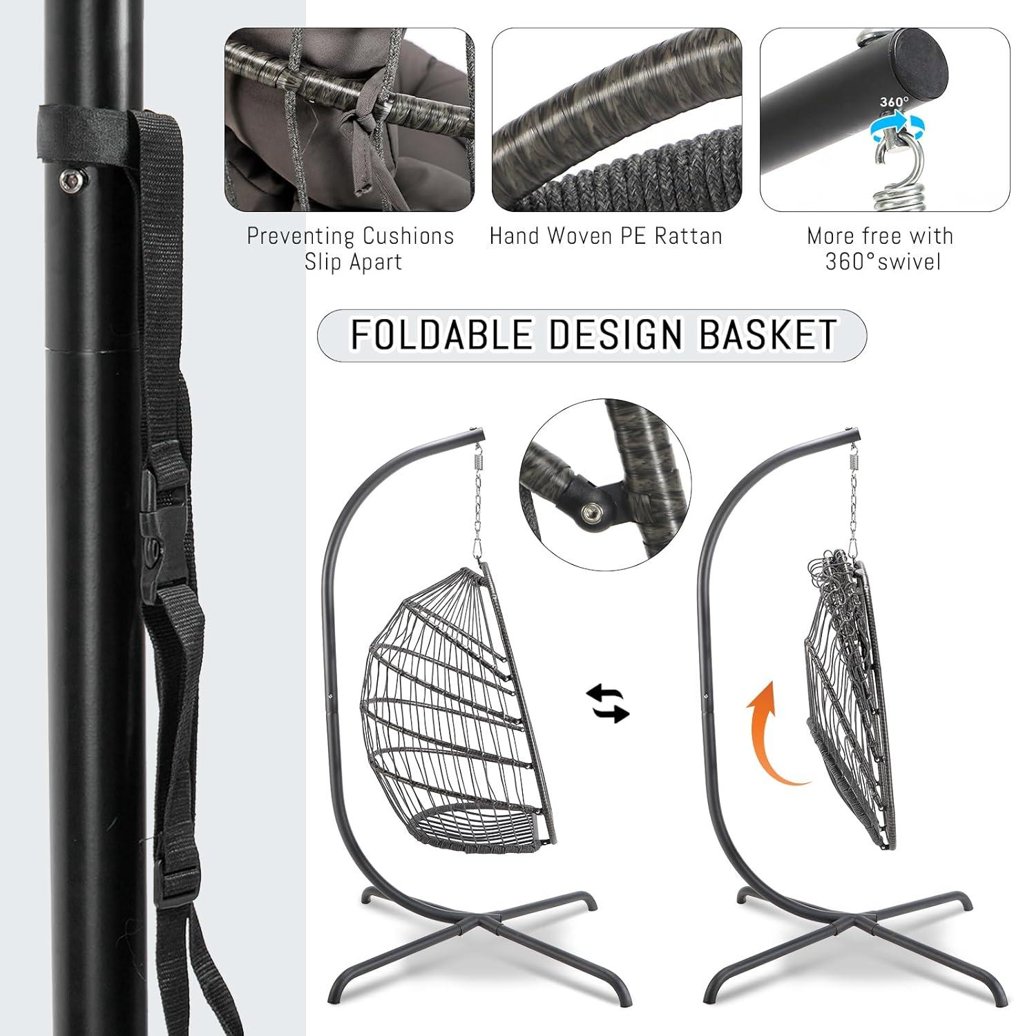 RADIATA Outdoor Foldable Hanging Egg Chair with Stand, PE Wicker Swing Chair with Cushion and Headrest, 350 lbs Capacity, Beige