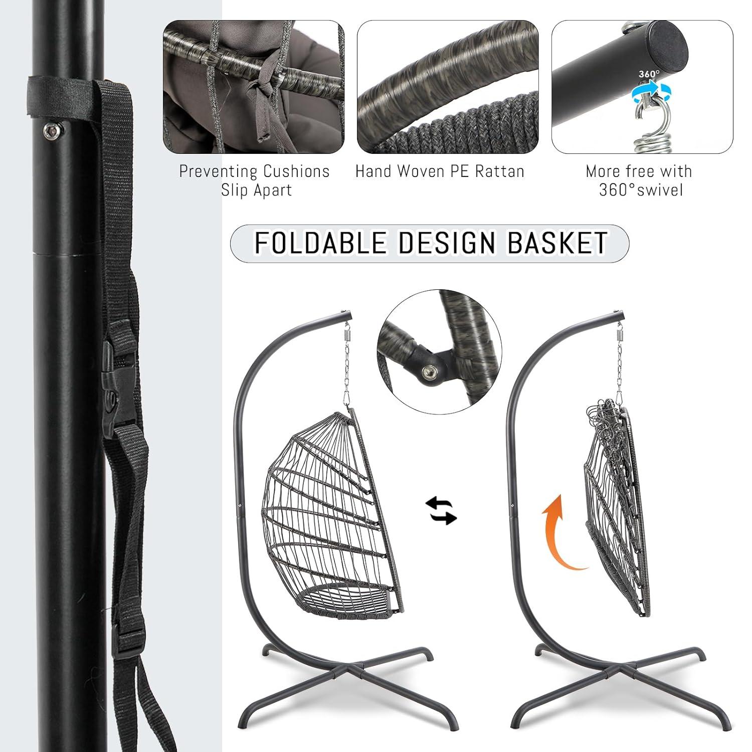 RADIATA Outdoor Foldable Hanging Egg Chair with Stand, PE Wicker Swing Chair with Cushion and Headrest, 350 lbs Capacity, Beige