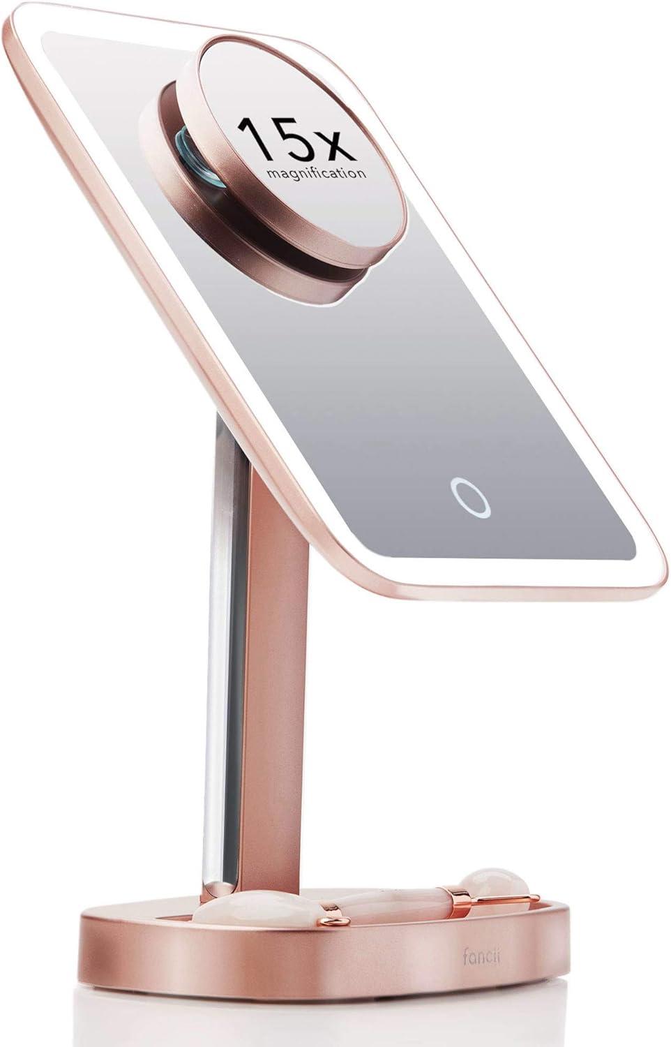 Aura Rose Gold Beveled LED Lighted Makeup Mirror with 15x Magnification