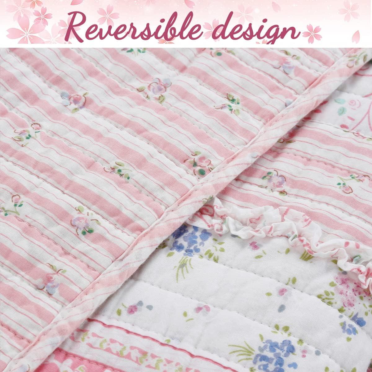 Pink Rose Peonies Ruffle 4-Piece Pink Floral Stripe Cotton Bedding Set with Decor Pillow King Quilt Set