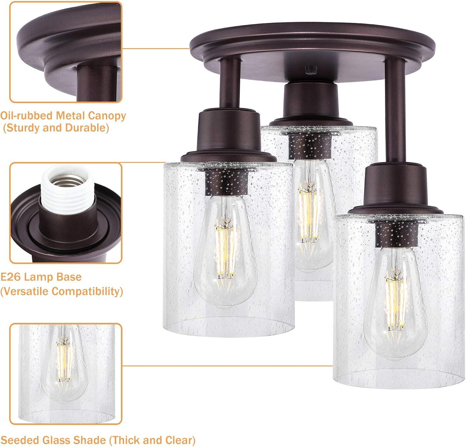 Semi Flush Mount Ceiling Light, 3-Light, with Clear Seeded Glass Shade