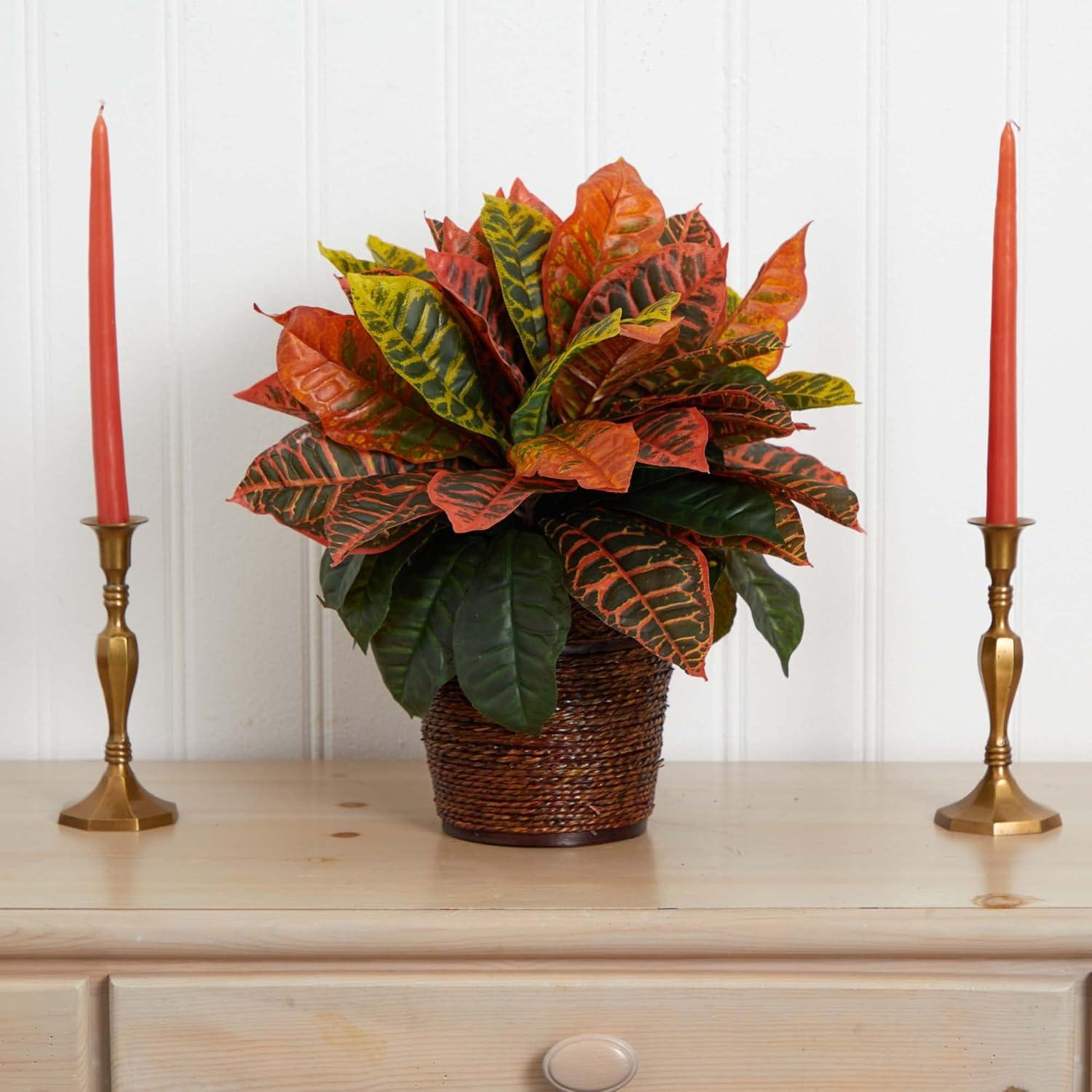 Nearly Natural 17-in Garden Croton Artificial Plant in Basket (Real Touch)