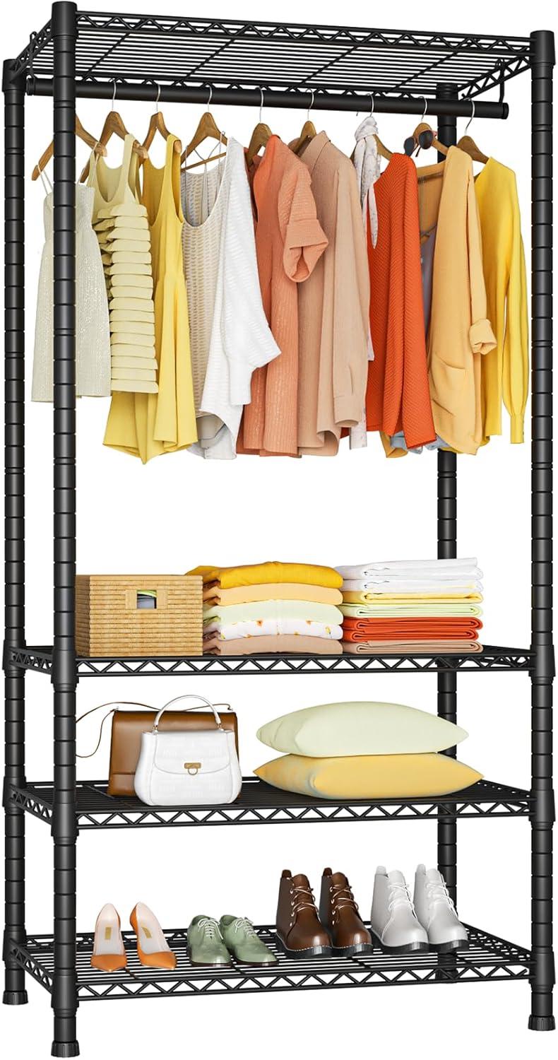 OLVOK Freestanding 4 Tiers Garment Rack For Hanging Clothes With Shelves And Clothes Racks