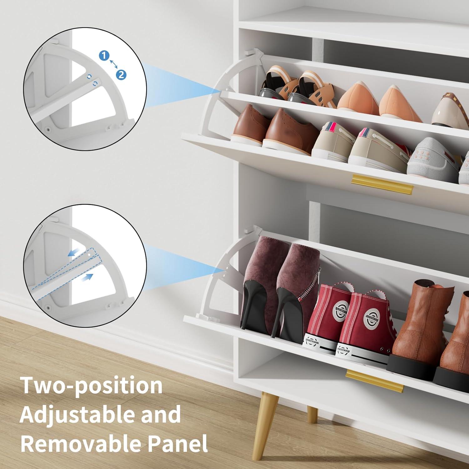 Shoe Cabinet Storage for Entryway  Freestanding Slim Shoe Organizer Cabinet with 2 Flip Drawers  Narrow Shoe Rack with Open Shelves for Hallway  Living Room  White