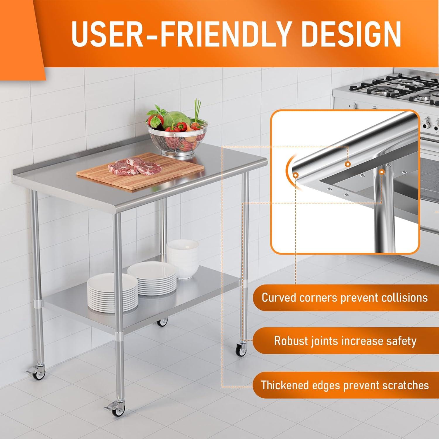 Stainless Steel Kitchen Work Prep Table Commercial Workbench With Wheels