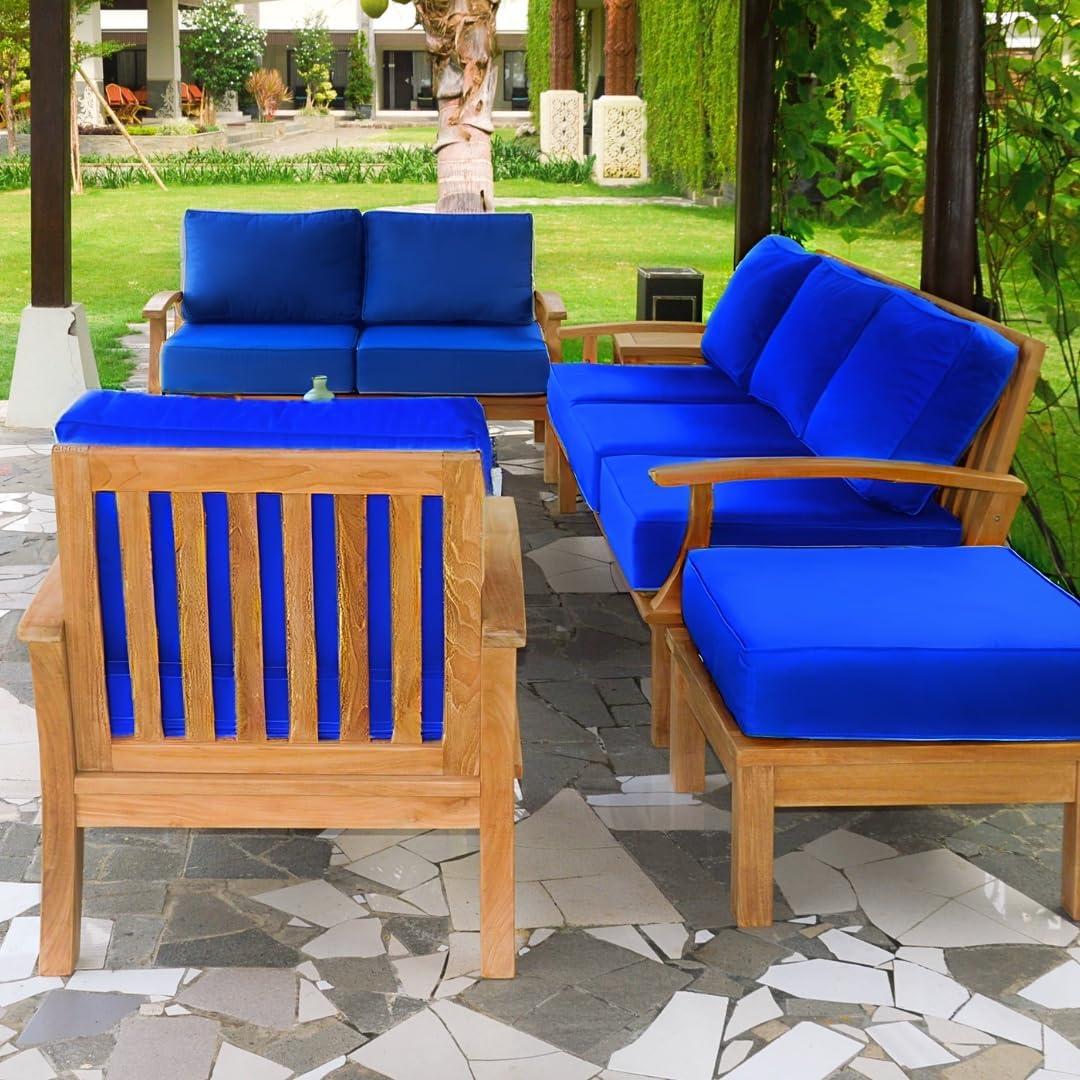 Navy Teak Outdoor Patio Ottoman with Cushion