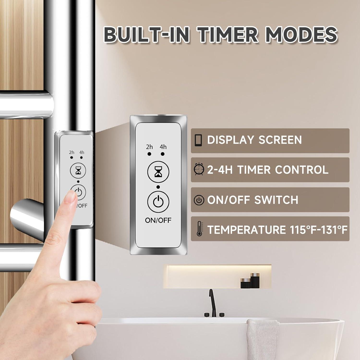 VEVOR 4 Bars Towel Warmer Rack, Wall Mounted Heated Towel Rack for Bathroom, IPX5 Waterpoof Towel Heater Rack with Timer & LED Display Screen, 5 Levels Adjustable Temperature Towel Heater, Silver