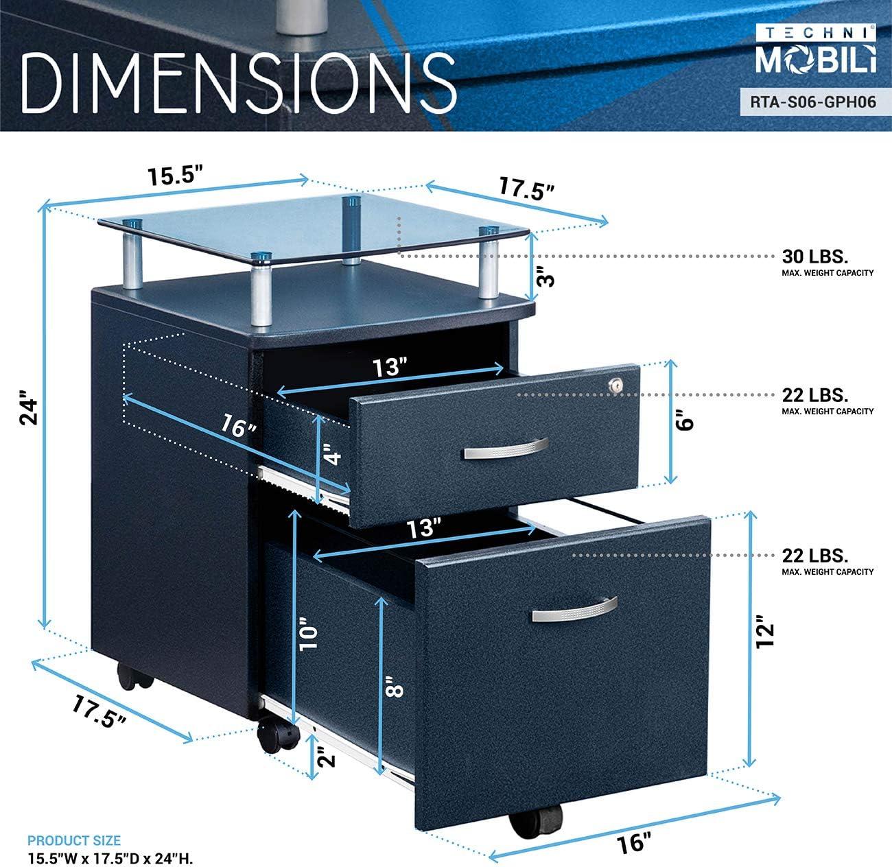 Rolling and Locking File Cabinet Gray - Techni Mobili: Secure MDF Office Storage, 5 Casters, Lockable Drawers