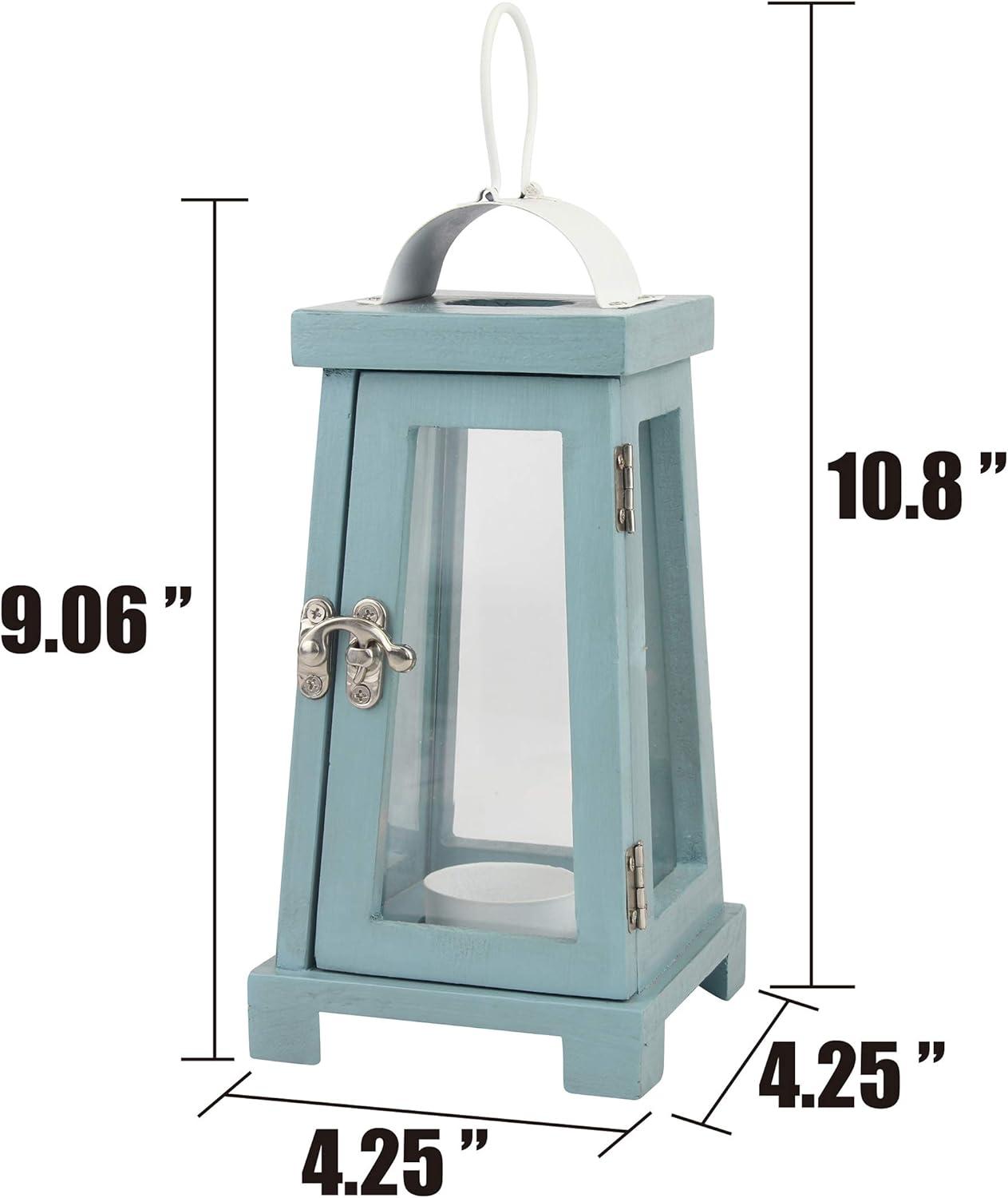 Nautical Blue Painted Wood Tabletop Hurricane Candle Lantern