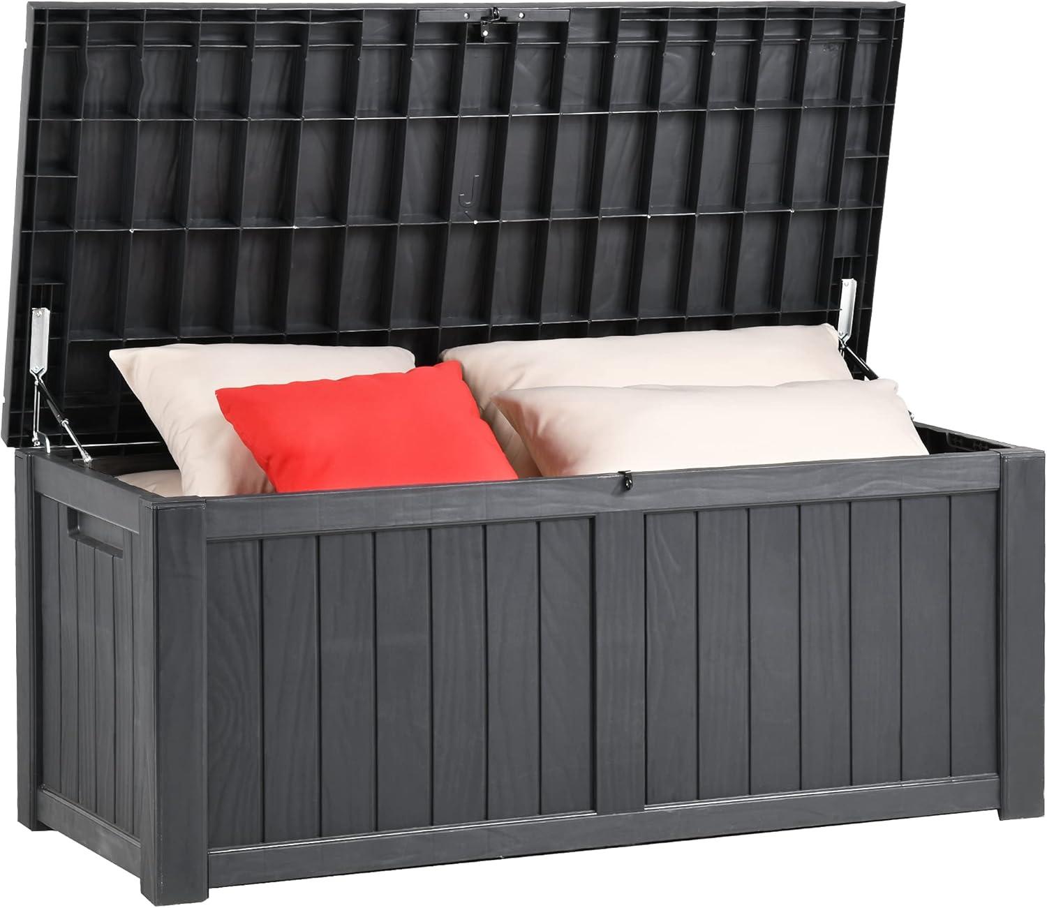 Dextrus Outdoor Storage Deck Box 120 Gallon - Large Resin Patio Storage for Outdoor Pillows, Garden Tools and Pool Supplies - Waterproof and Lockable (Dark Grey)