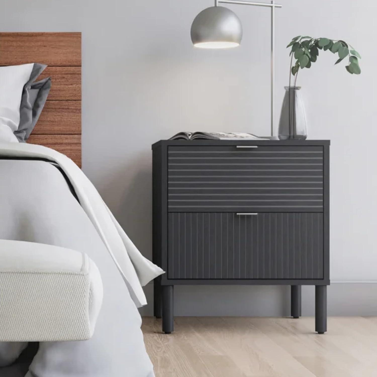 Sango Sango Merk 2-Drawer Solid Wood Nightstand, Drawers With Horizontal & Vertical Grooves