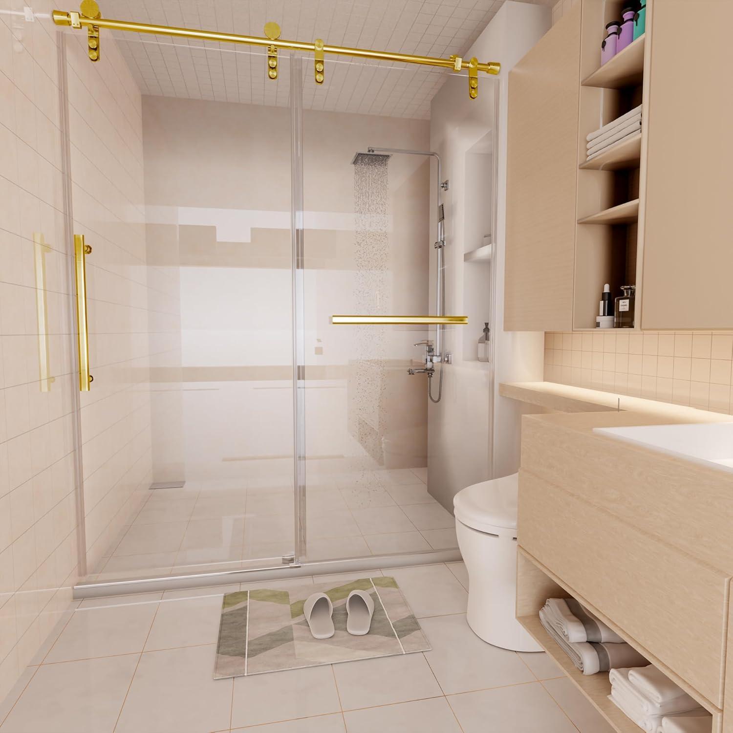 Gold Frameless Sliding Shower Door with Clear Glass and Stainless Steel Handle