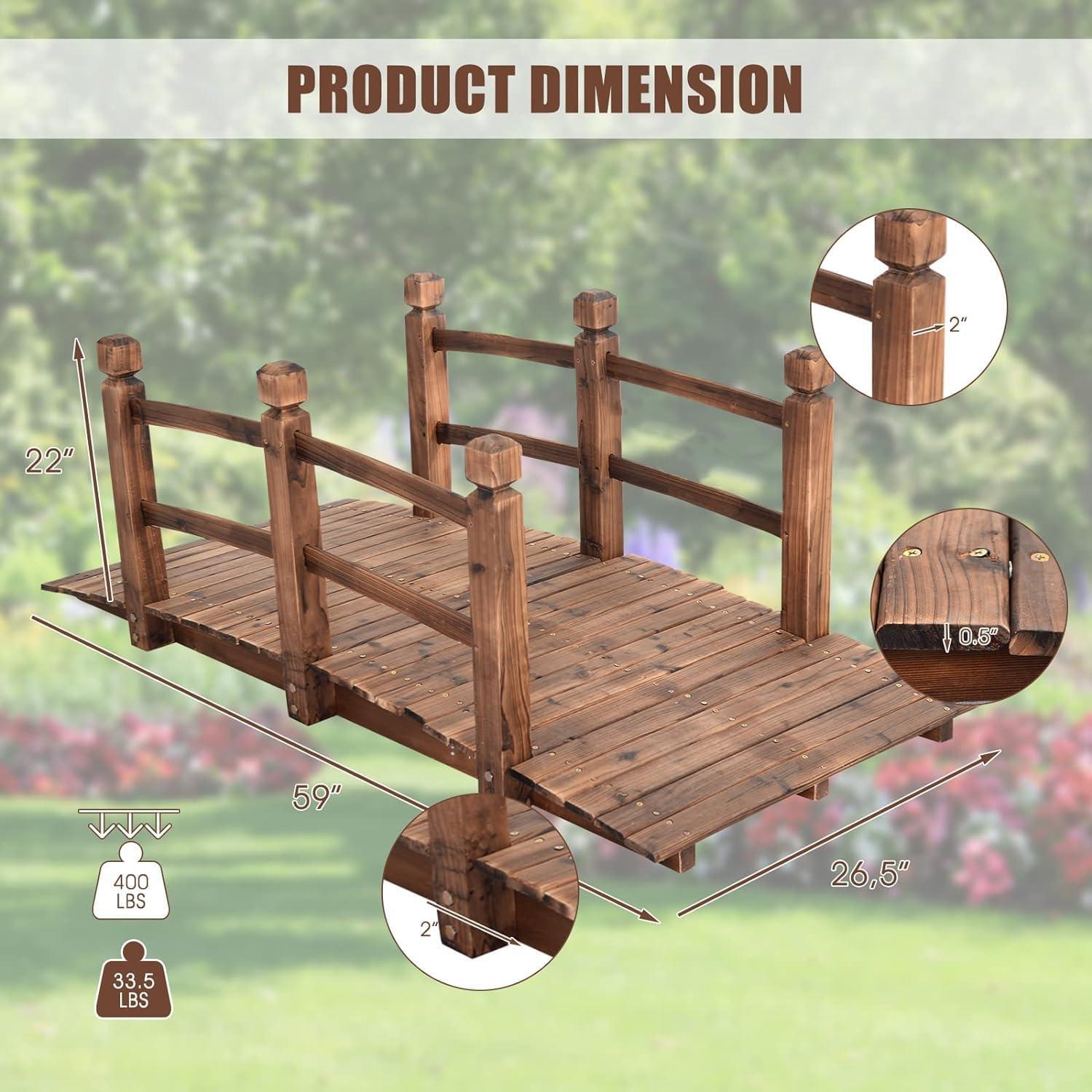 5-Foot Brown Fir Wood Garden Bridge with Railings