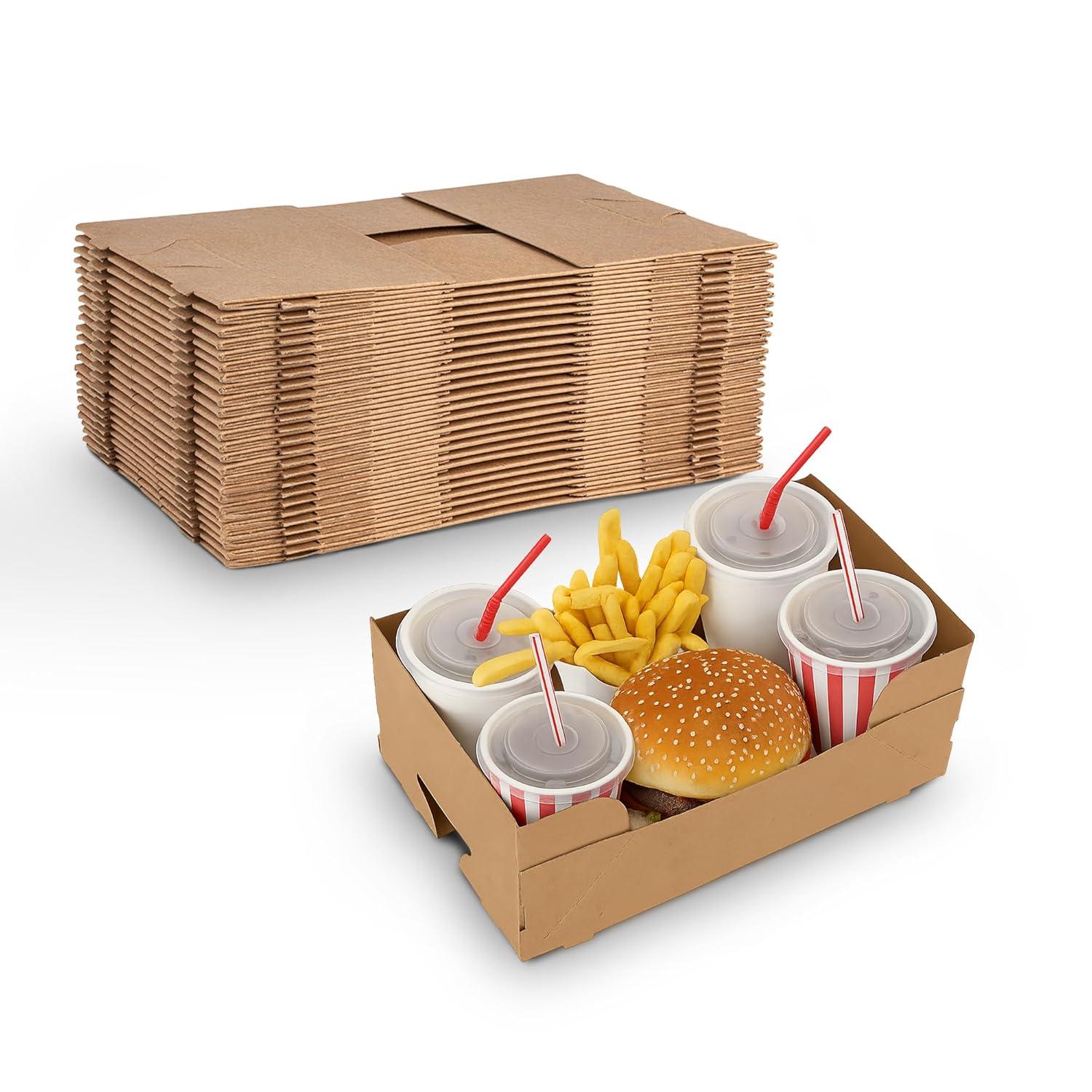 MT Products Brown Paperboard Food and Drink Tray - Pop-Up J-Type Rectangular - Pack of 25