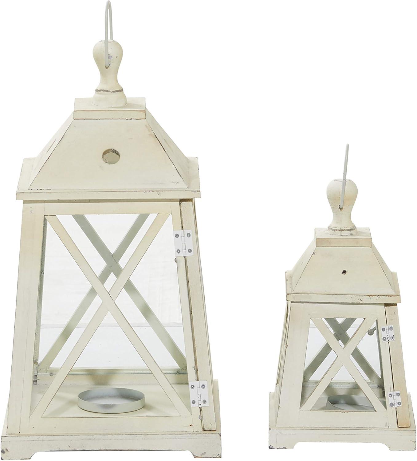 Set of 2 Trapezoid Wood/Glass Candle Holders White - Olivia & May: Elegant Lantern Design for Pillar Candles