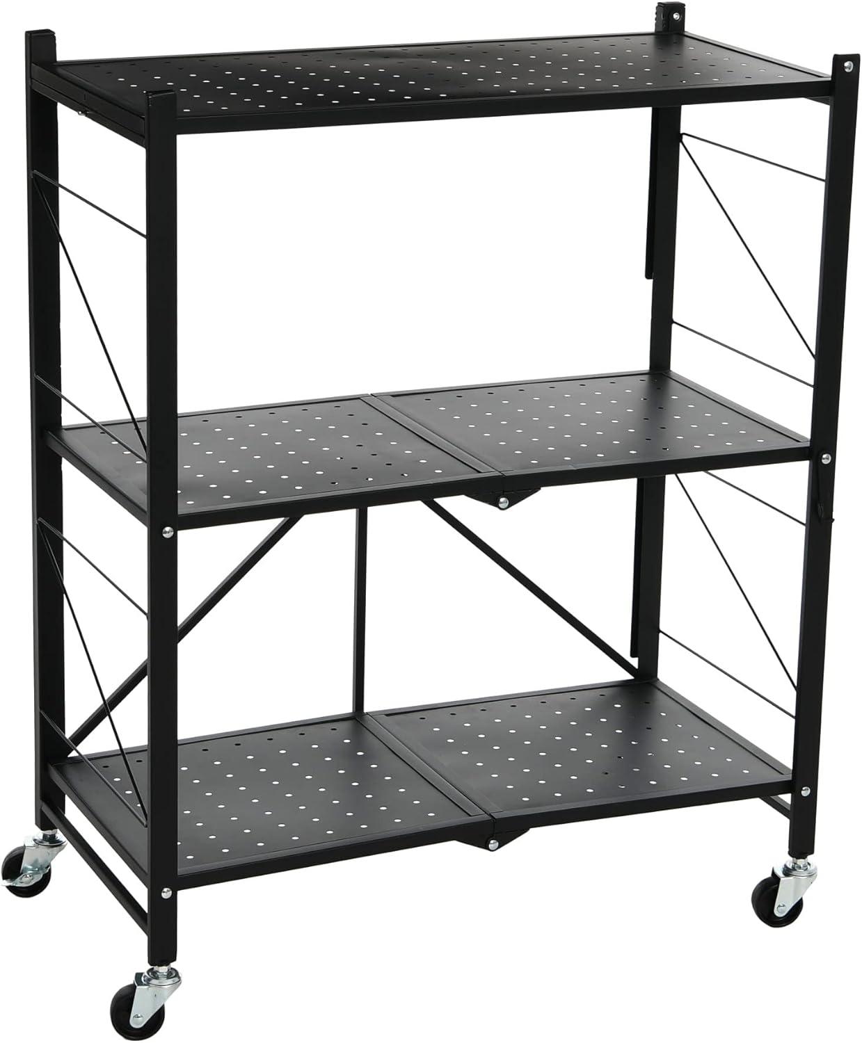 Black Metal 3-Tier Foldable Utility Rack with Wheels