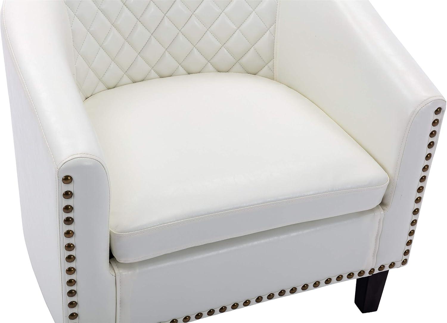 Barrel Chair PU Leather and Solid Wood Legs Tufted Cushion Rivet Decor Tub Barrel Style Bedroom Club Sofa Chair for Attic Rest Area and Home Living Room Max Weight Capacity 250 LBS White