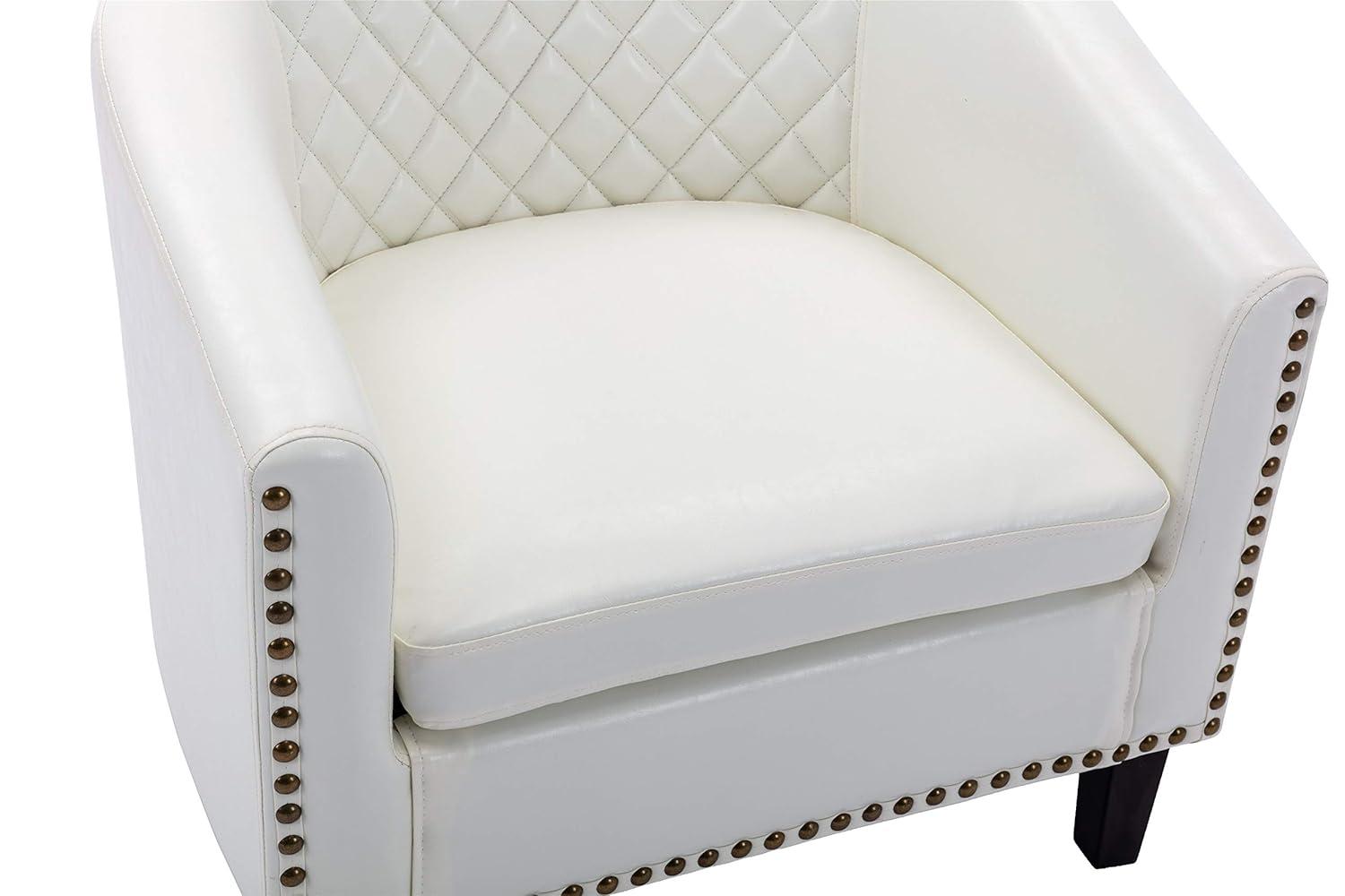 Barrel Chair PU Leather and Solid Wood Legs Tufted Cushion Rivet Decor Tub Barrel Style Bedroom Club Sofa Chair for Attic Rest Area and Home Living Room Max Weight Capacity 250 LBS White