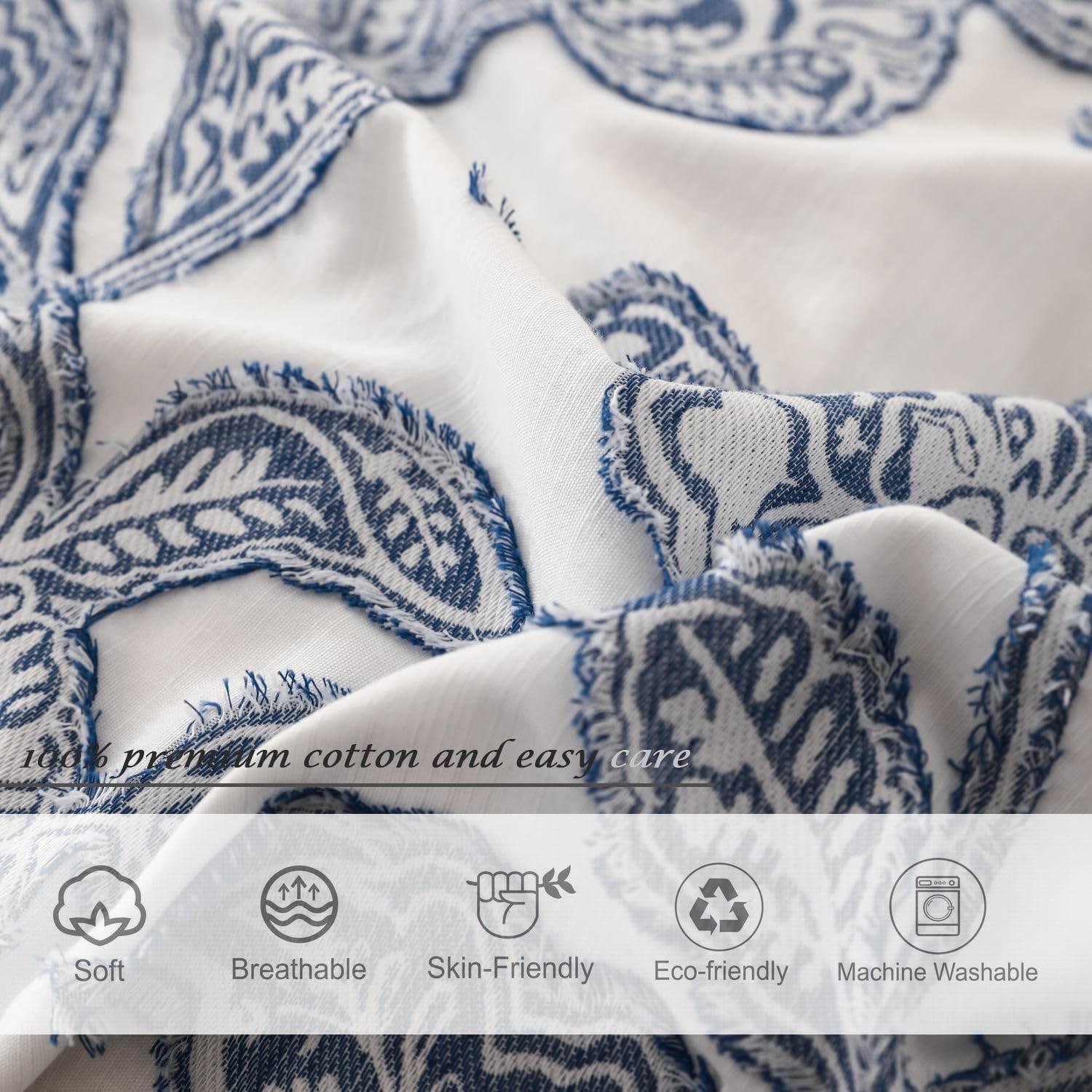 Queen Blue Cotton Jacquard Floral Duvet Cover Set