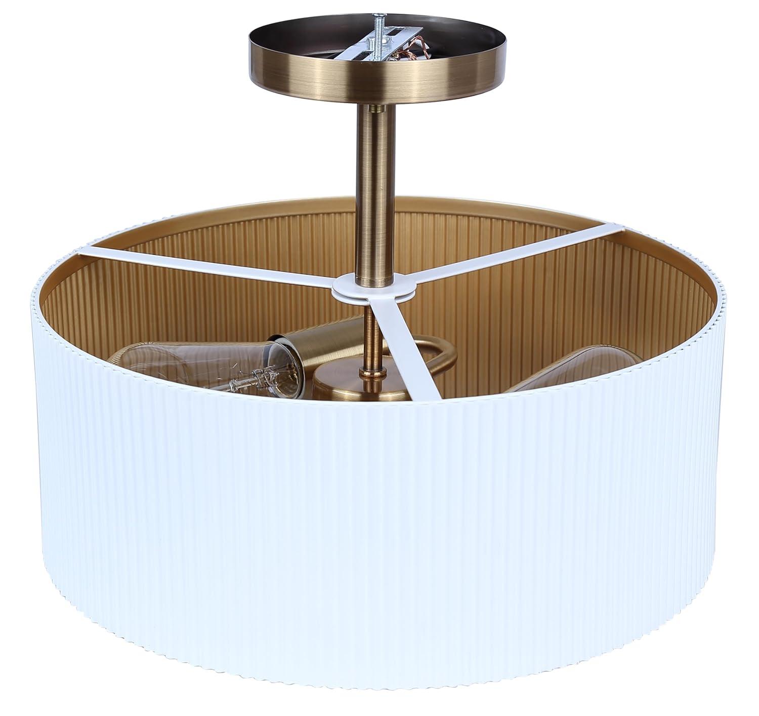 REXTON 13 in. 2-Light 60-Watt Contemporary Matte White Semi- Flush Mount with Matte White with Gold Metal Shade