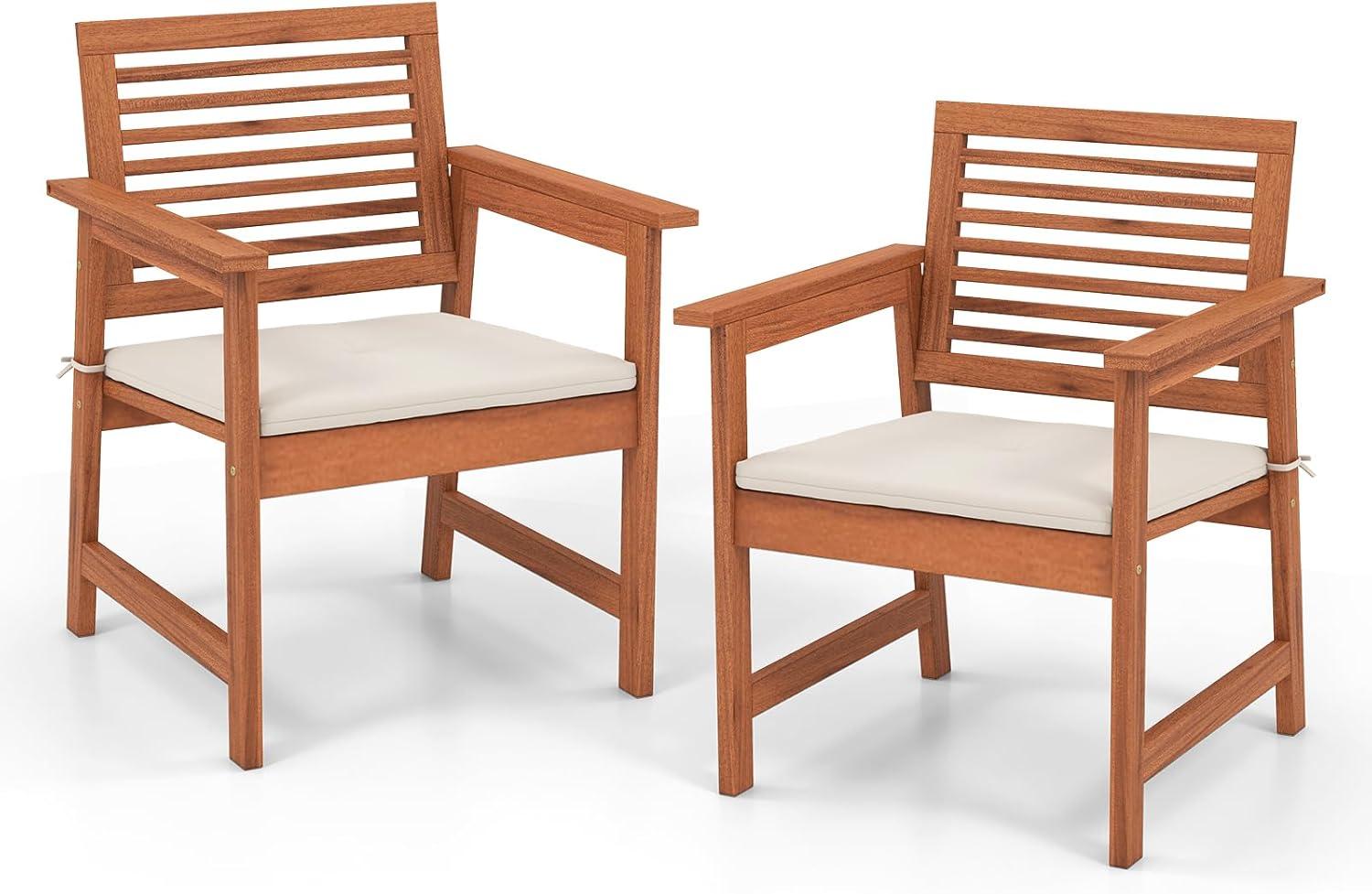 Natural Wood Outdoor Dining Chairs with Off-White Cushions, Set of 2