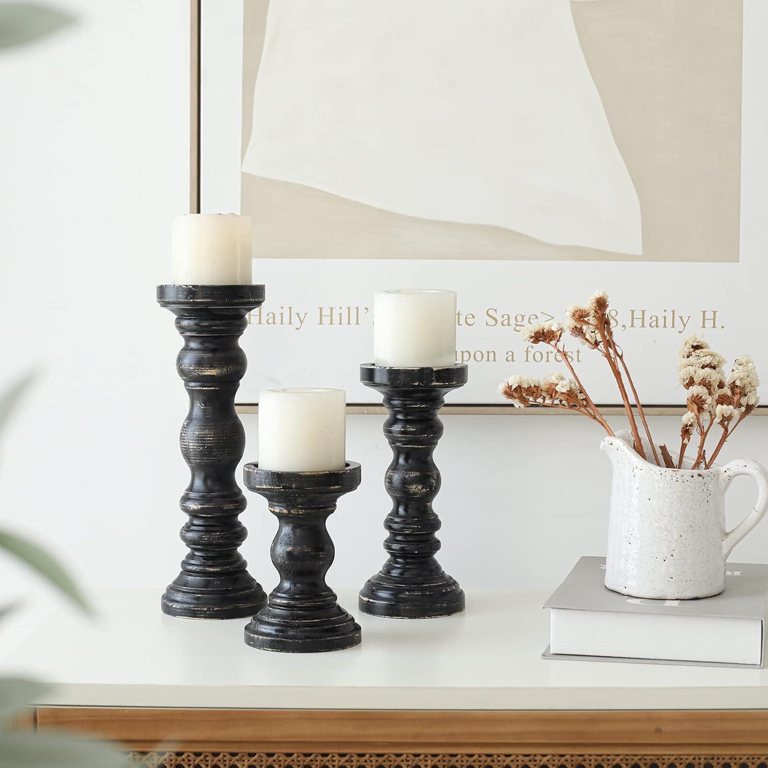 DecMode 3 Candle Black Mango Wood Distressed Turned Pillar Candle Holder, Set of 3