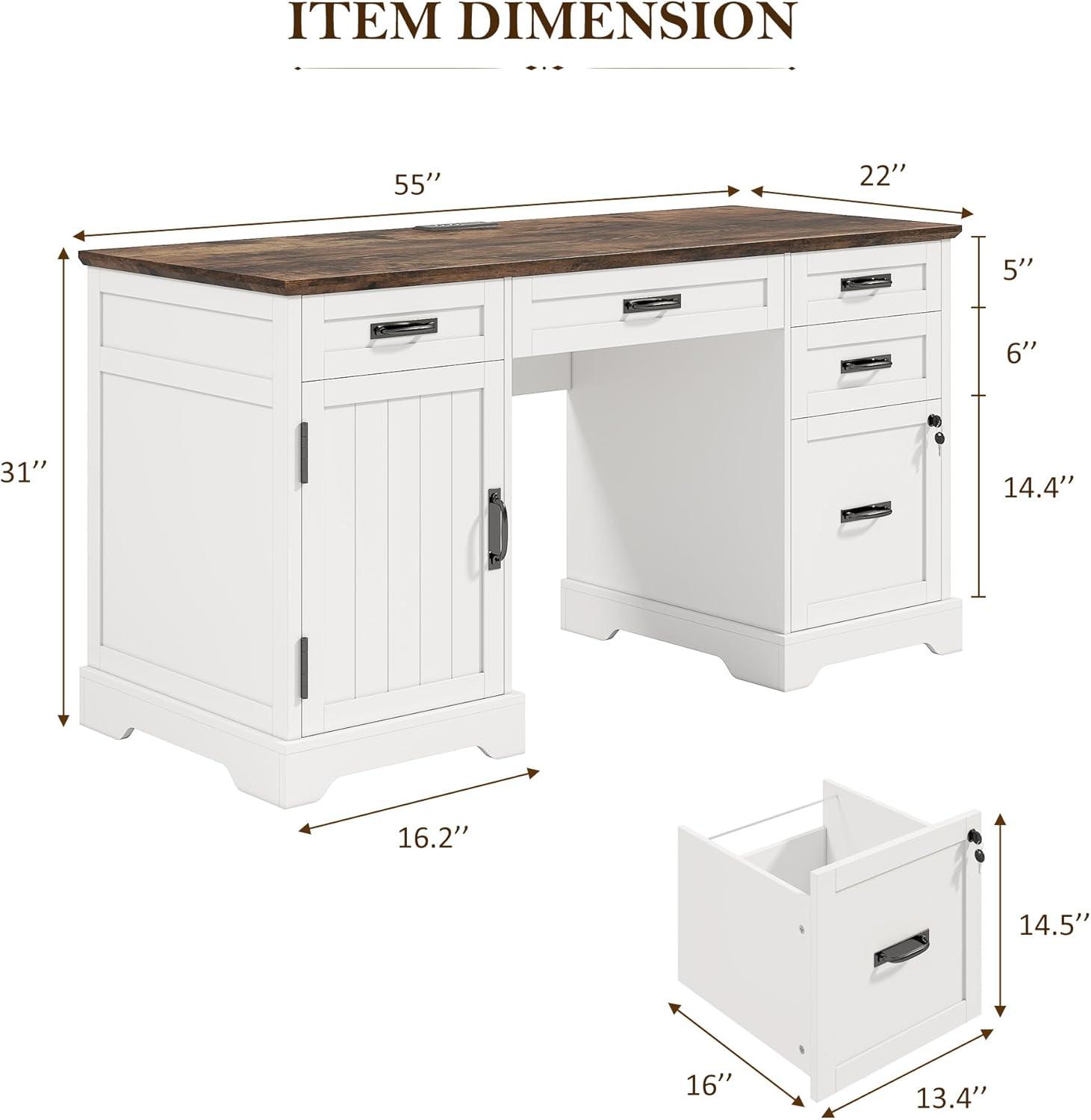 August Grove® 55'' Farmhouse Executive Desk with Drawers, File Cabinet and Power Outlets