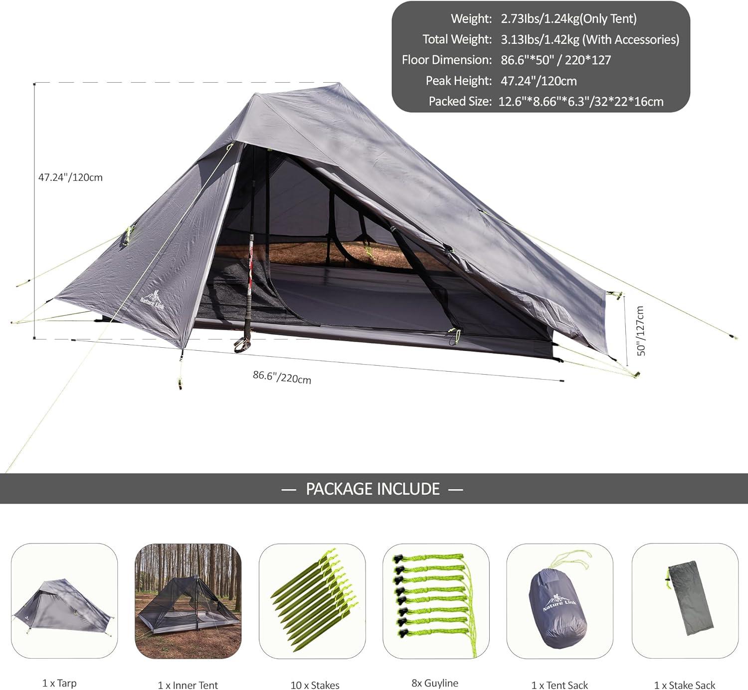 Smoke Grey Ultralight 2-Person Backpacking Tent with Vestibule