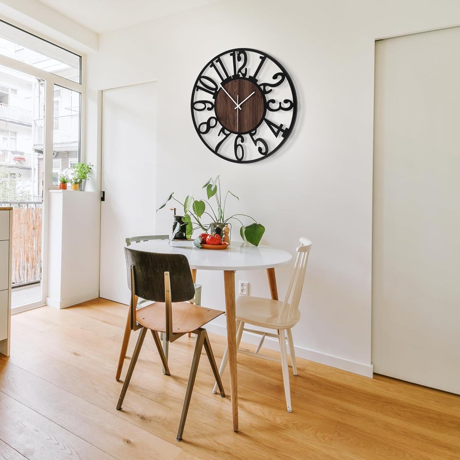 Oversized Black Metal and Wood Silent Wall Clock