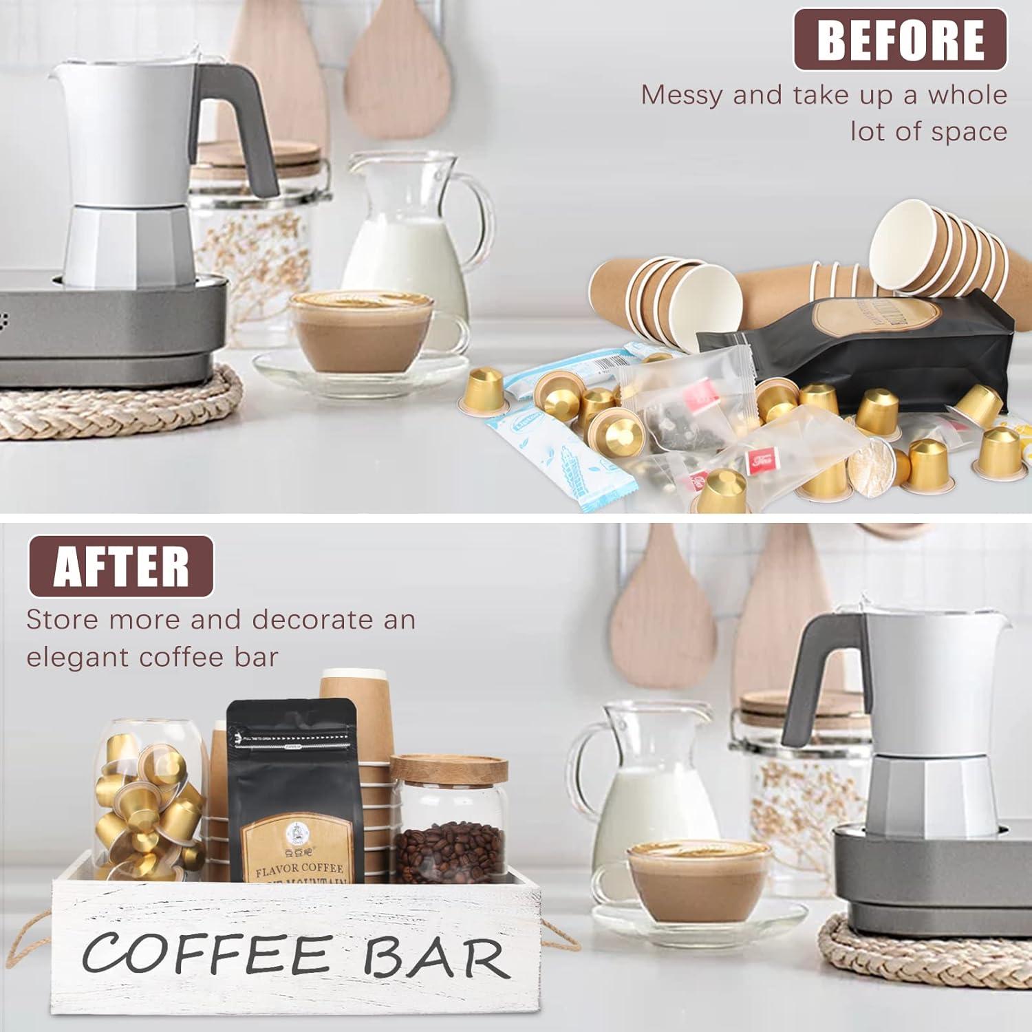 Coffee Station Organizer Wooden Coffee Bar Accessories Organizer for Countertop, Farmhouse Kcup Coffee Pod Holder Storage Basket Coffee Bar Organizer - White