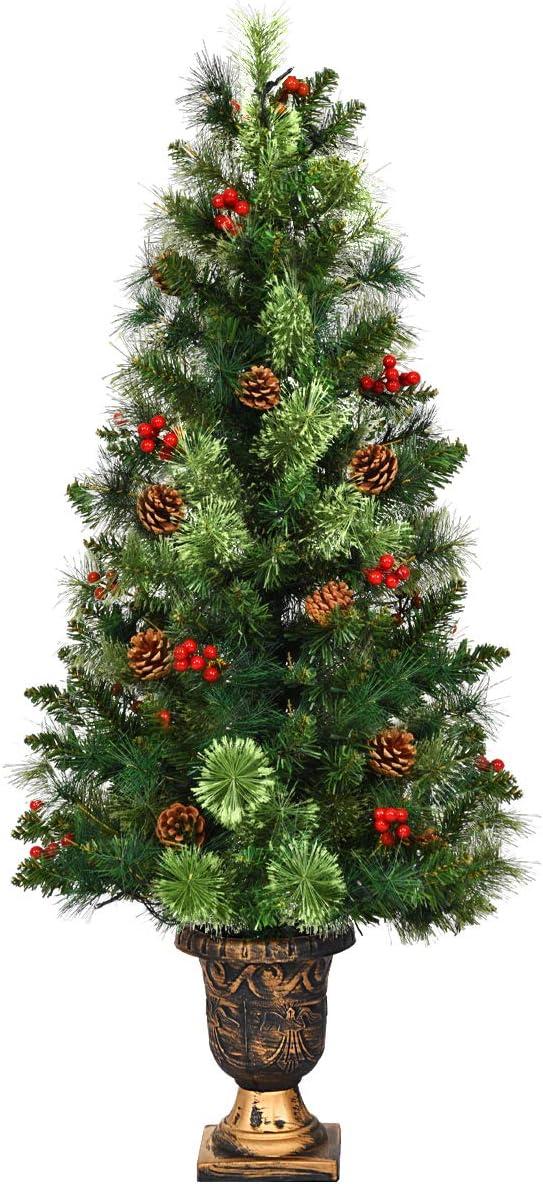 5-Foot Pre-Lit Green Christmas Tree with Pine Cones and Red Berries