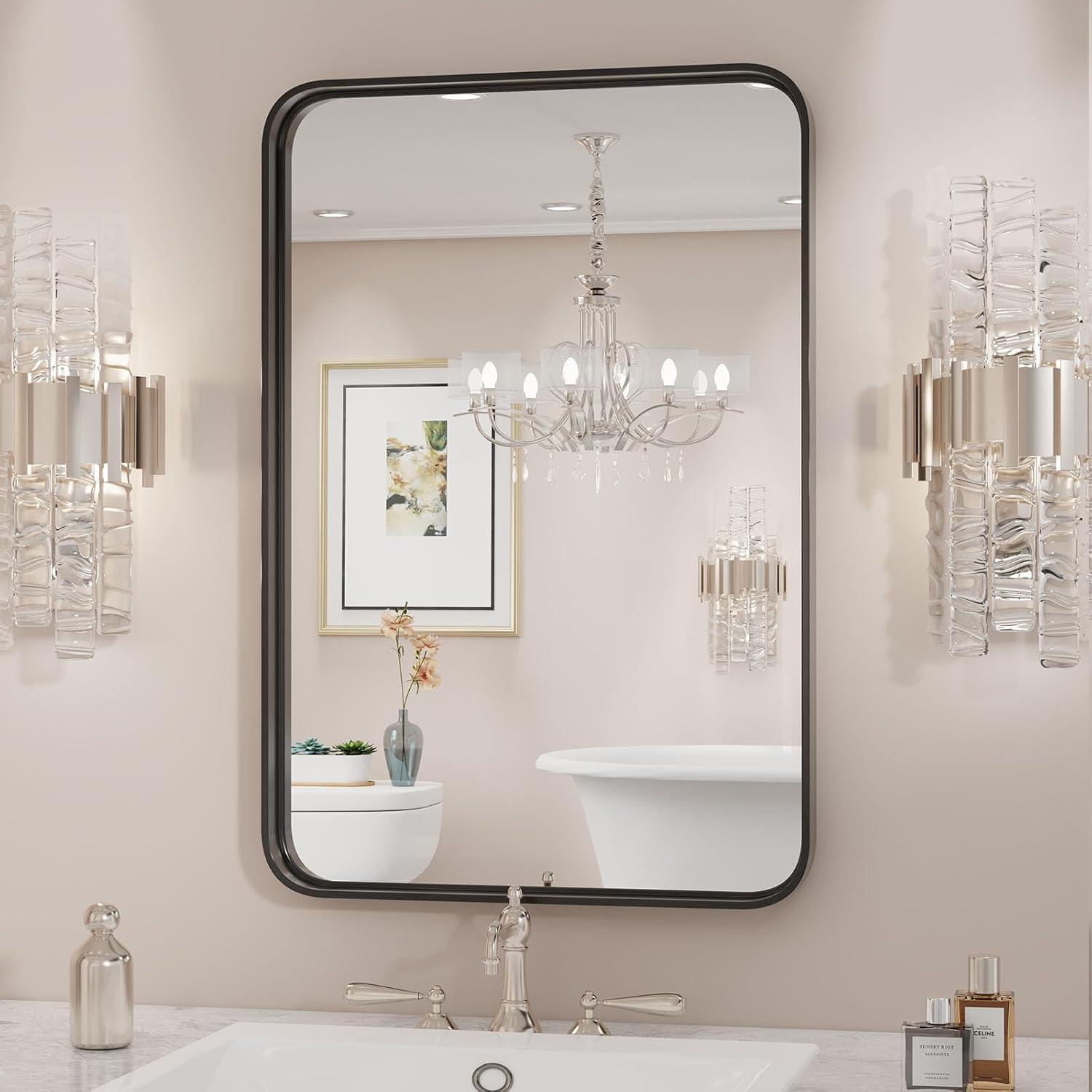 Sweetcrispy Black Bathroom Vanity Mirror for Wall, 24x36 Inch Metal Framed Wall Mirror Farmhouse Rectangle, Anti-Rust, Tempered Glass, Hangs Horizontally or Vertically
