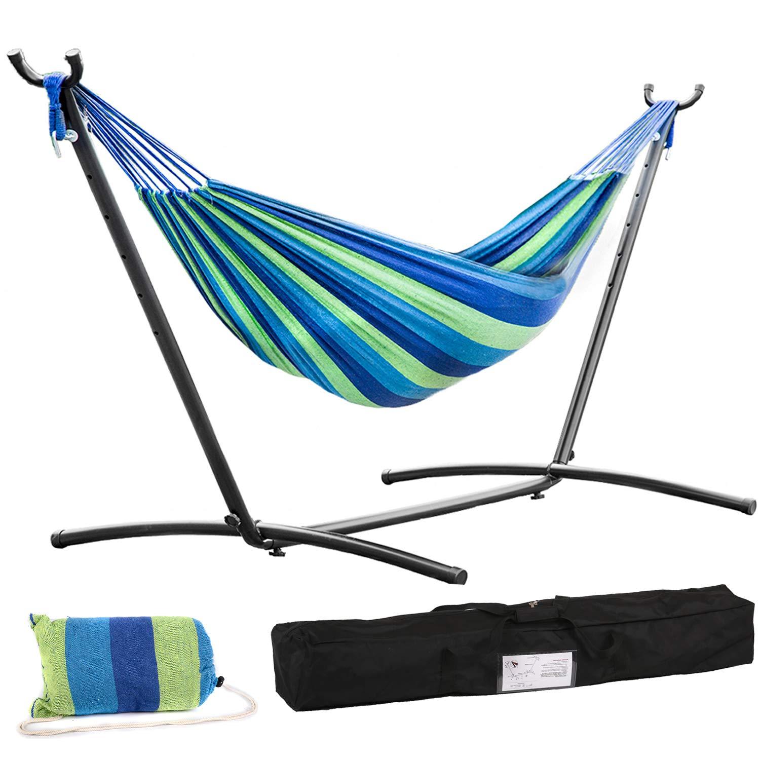 SUNDAN Two Person Hammock Adjustable Hammock Bed with Space Saving Steel Stand Portable Carrying Case Easy Set Up Indoor Hammock Standing Hammock for Outside Hammock Stand Portable