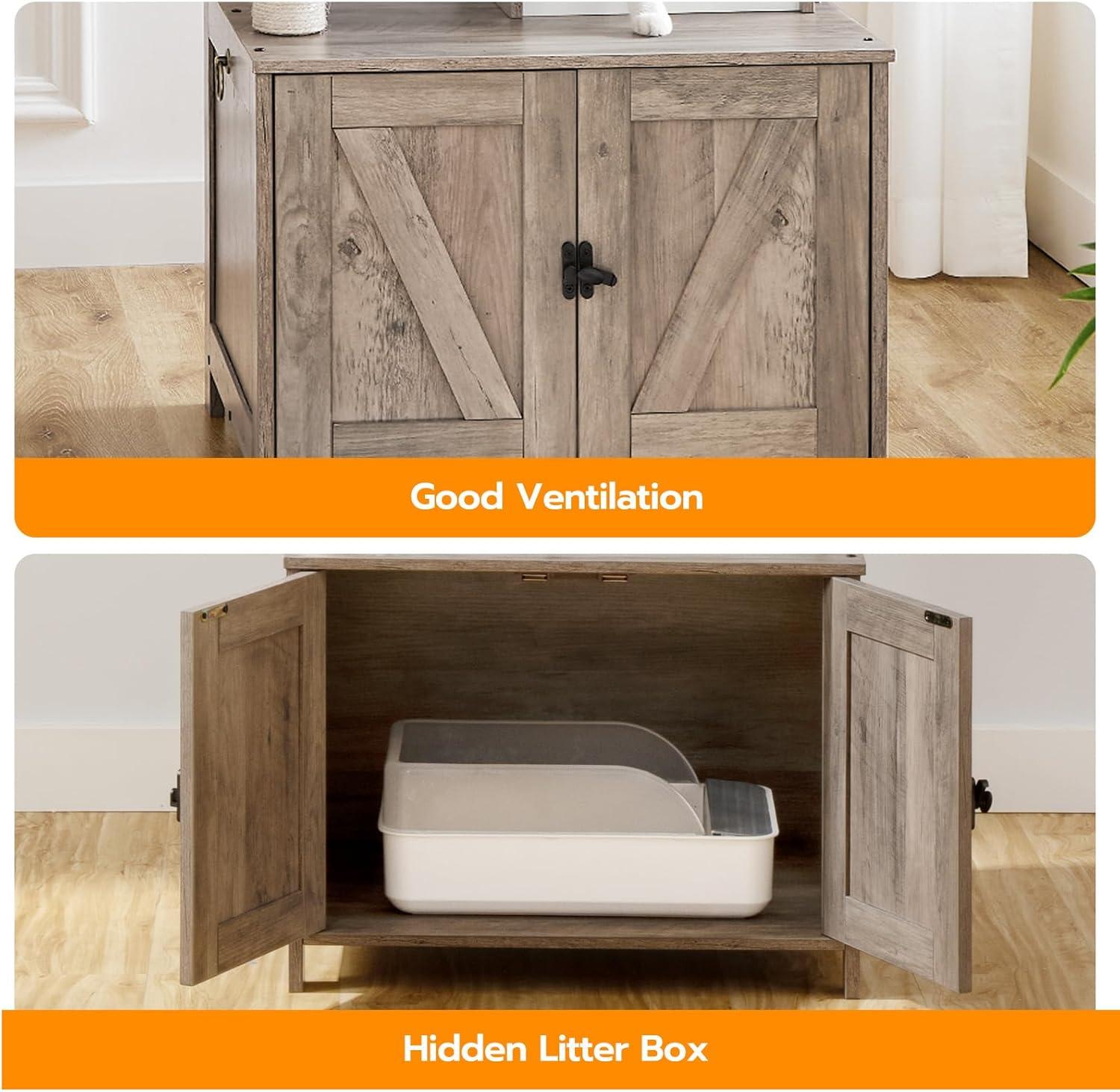 Litter Box Enclosure with Cat Tree, 2-in-1 Cat Tree Tower, Hidden Cat Litter Box Furniture with Scratching Post, Modern Cat Condo, Grey