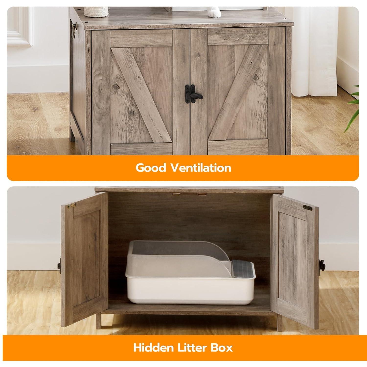 Litter Box Enclosure with Cat Tree, 2-in-1 Cat Tree Tower, Hidden Cat Litter Box Furniture with Scratching Post, Modern Cat Condo, Grey