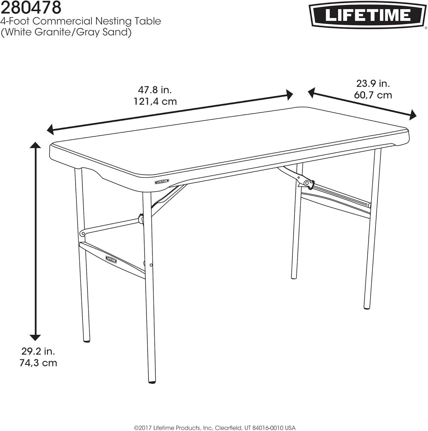 Lifetime 4 Foot Nesting Rectangle Table, Indoor/Outdoor Commercial Grade, White Granite (280478)