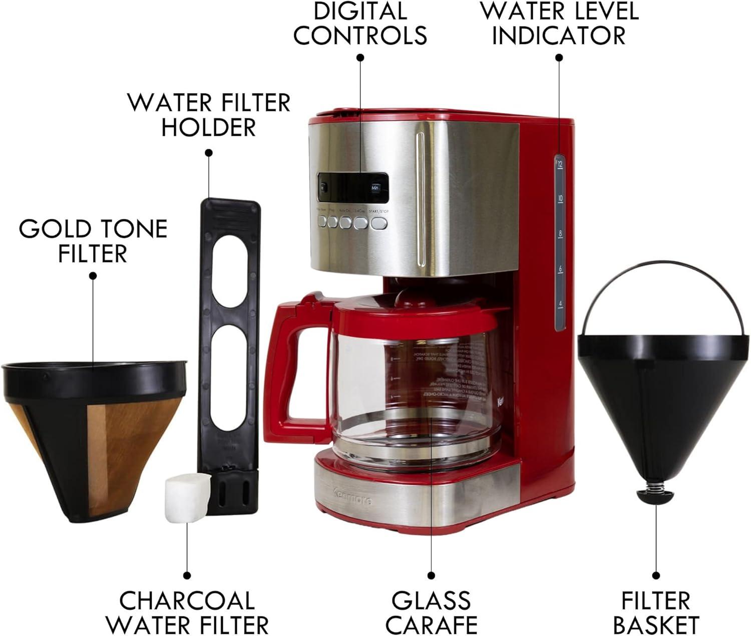 Kenmore Drip Coffee Maker - 12 Cup Programmable Cafe Machine With Glass Pot, Red