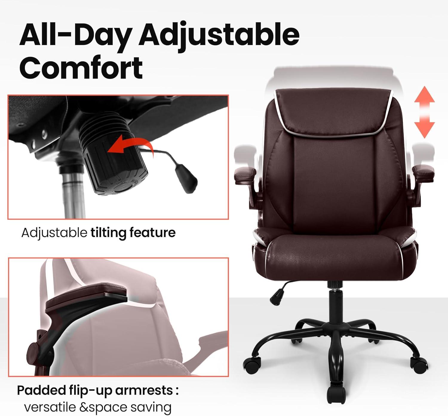 Brown PU Leather Ergonomic Office Chair with Flip-up Arms
