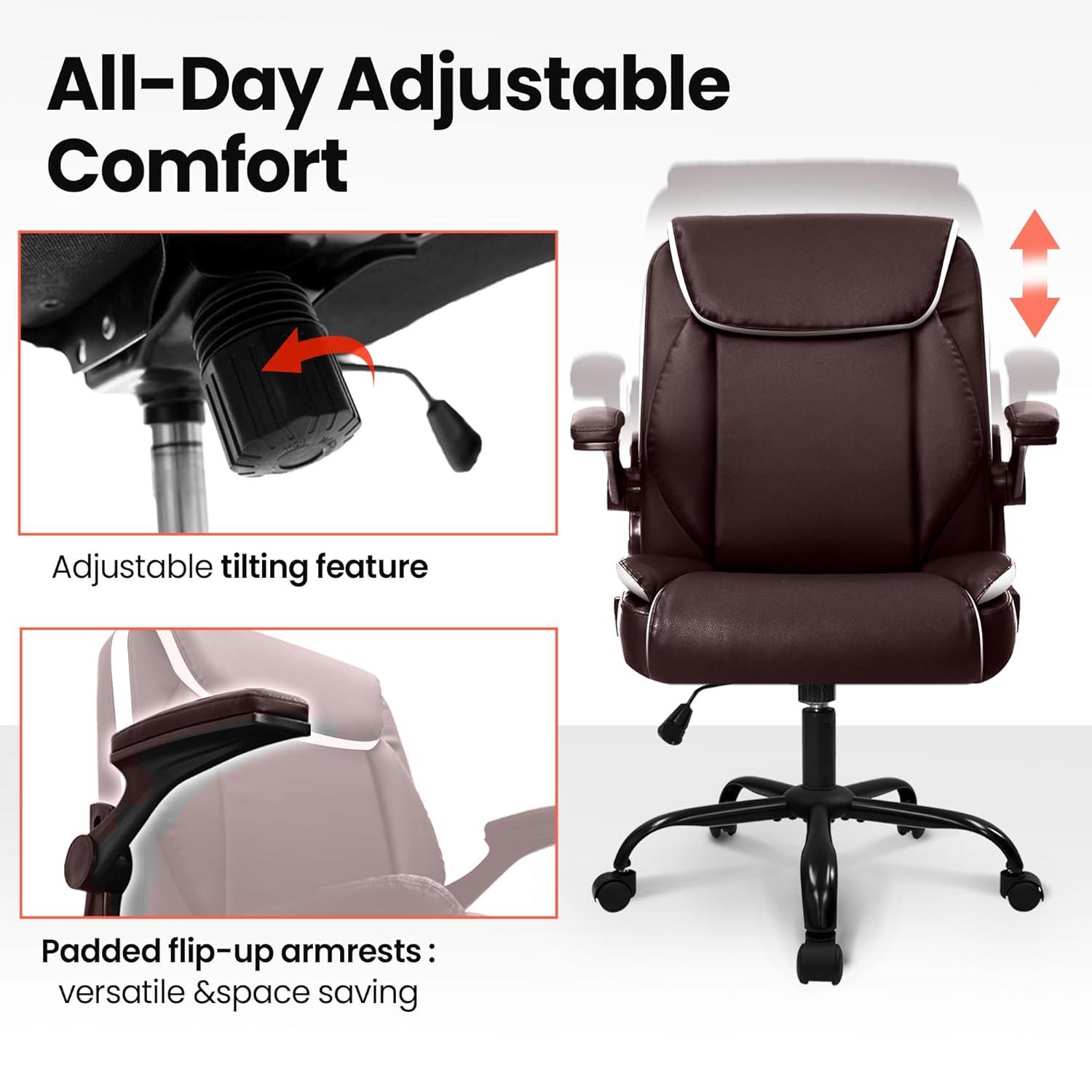 Brown PU Leather Ergonomic Office Chair with Flip-up Arms