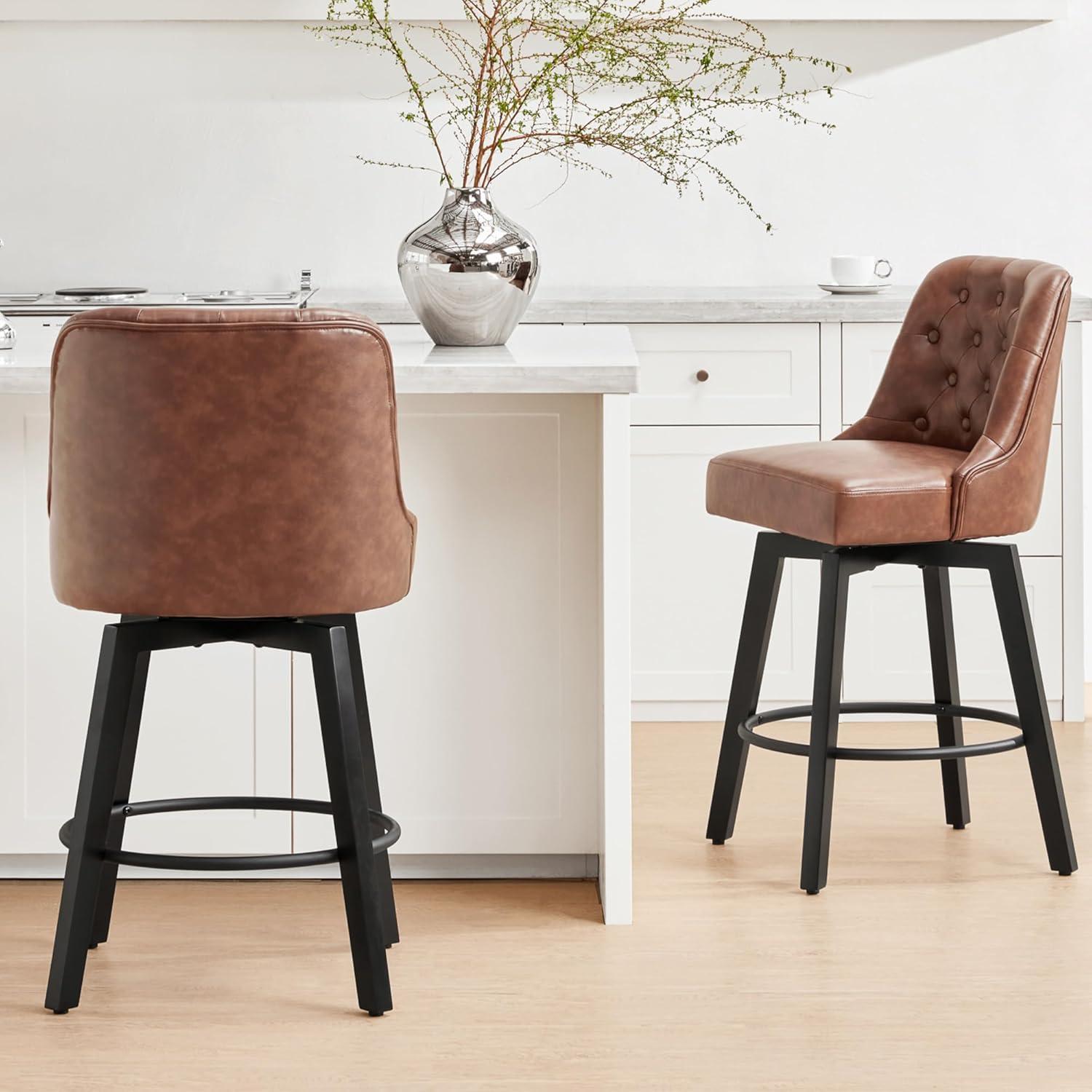 Brown Faux Leather Swivel Counter Height Bar Stools with Metal Legs, Set of 2