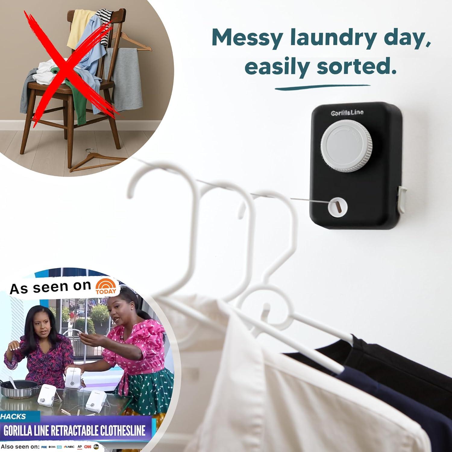 GorillaLine - Retractable Clothesline Indoor Outdoor Clothes Line - Heavy Duty Clothes Drying Laundry Line - Wall Mounted Drying Rack - Air Dry Clothing