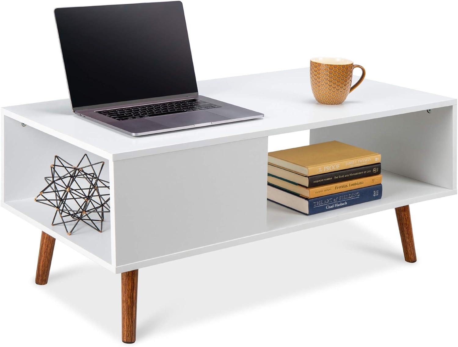 Mid-Century Modern Rectangular Coffee Table with Open Shelf - White/Brown