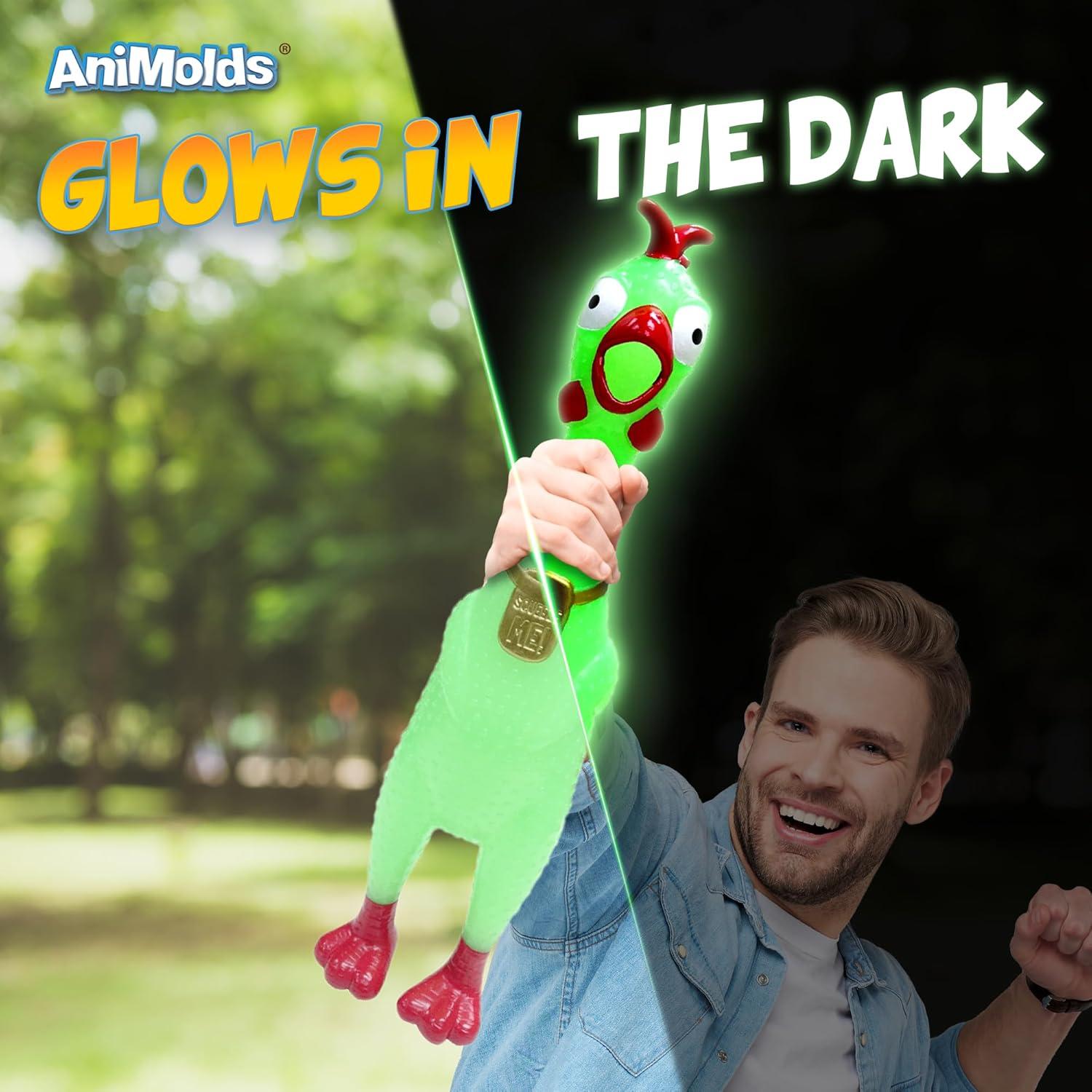 Animolds Squeeze Me Rubber Chicken Toy | Screaming Squeaky Chicken for Kids & Dogs | Novelty Prank Gag Gift (1 Pack Glow in The Dark)