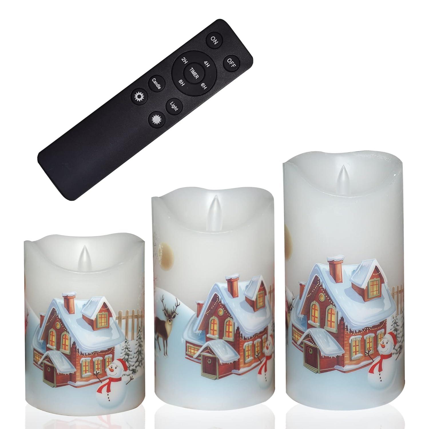 CANDLE CHOICE Christmas Flameless Candles with Remote Timer Real Wax Realistic Flickering Battery Operated Electric LED Pillars with Decals Reindeer Snowman Xmas Tree for Holiday Decorations 3 Pack