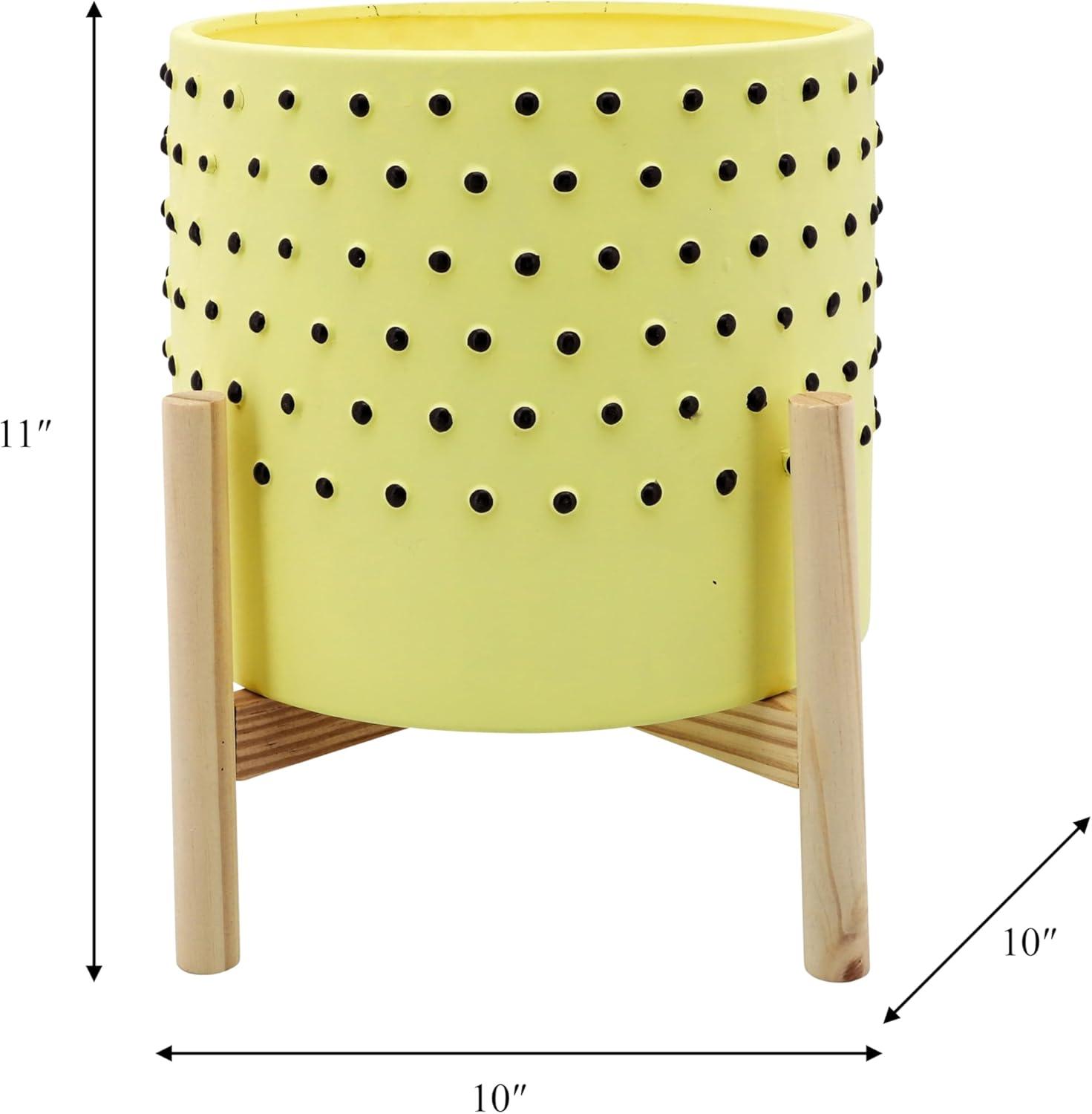 Contemporary Yellow and Black 10" Ceramic Planter on Wooden Stand