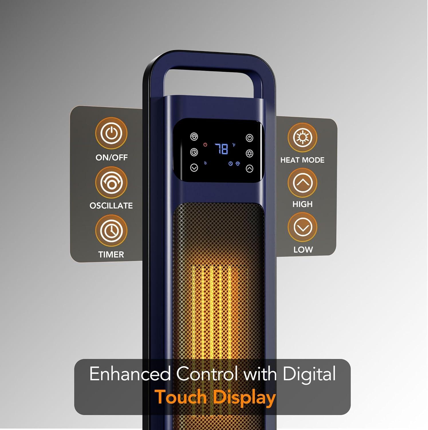 Comfort Zone 26" Oscillating Digital Tower Heater with Remote Control for Indoor Use, Adjustable Thermostat, Timer, Overheat Protection, Tip-Over Switch, Ideal for Home, Bedroom, & Office, HT1206-NVY